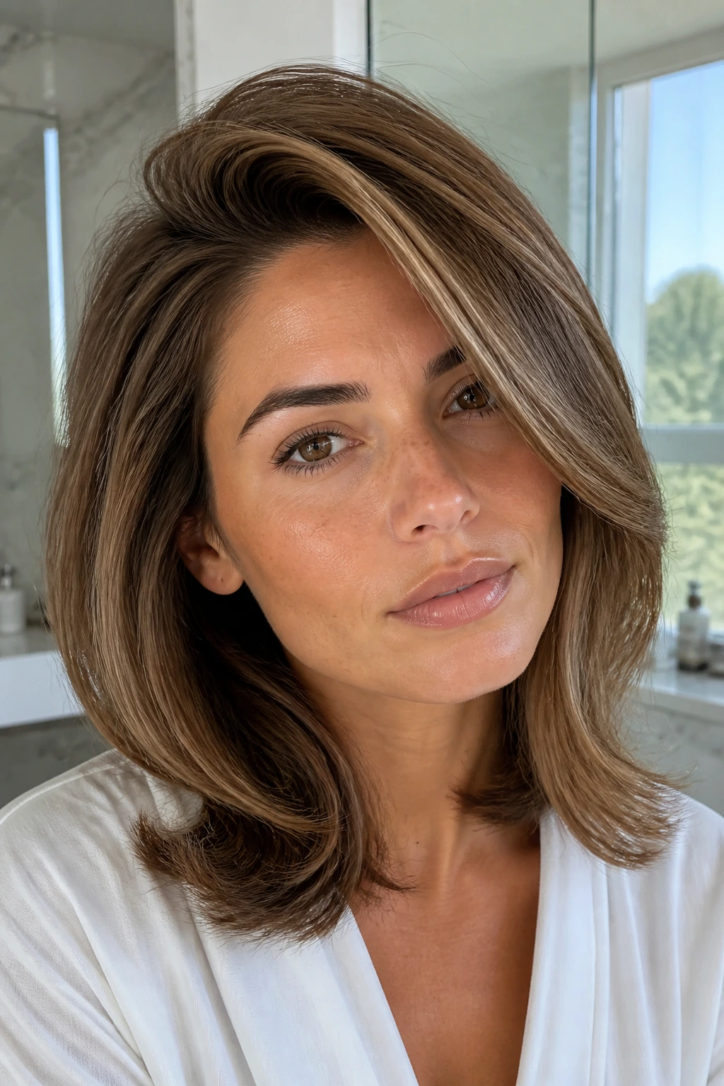 Portrait of a woman with deep side-part blowout and crown lift