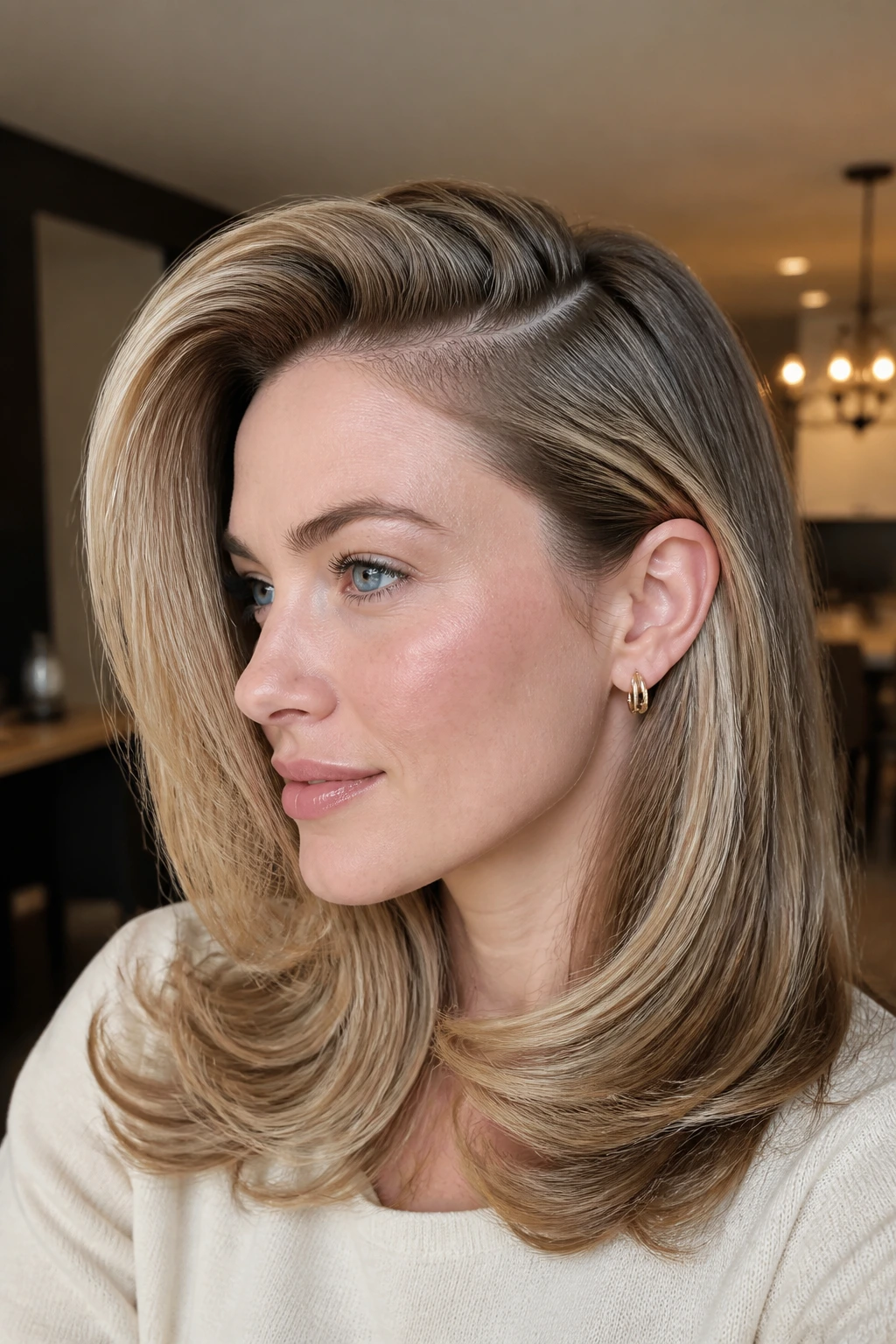 Real woman with a deep side-part blowout