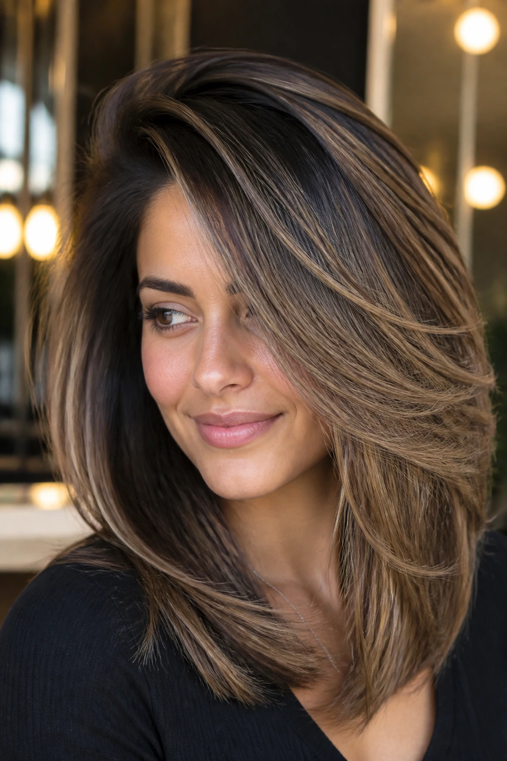 Close-up of a woman with a deep side-part blowout and micro babylights.