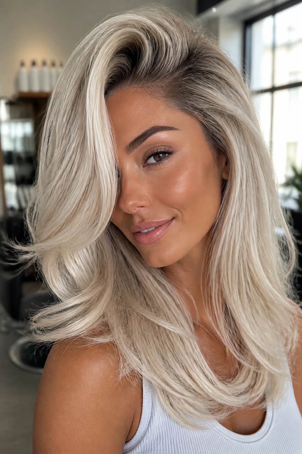 Close-up portrait of a real woman with a deep side-part blowout and platinum hair.