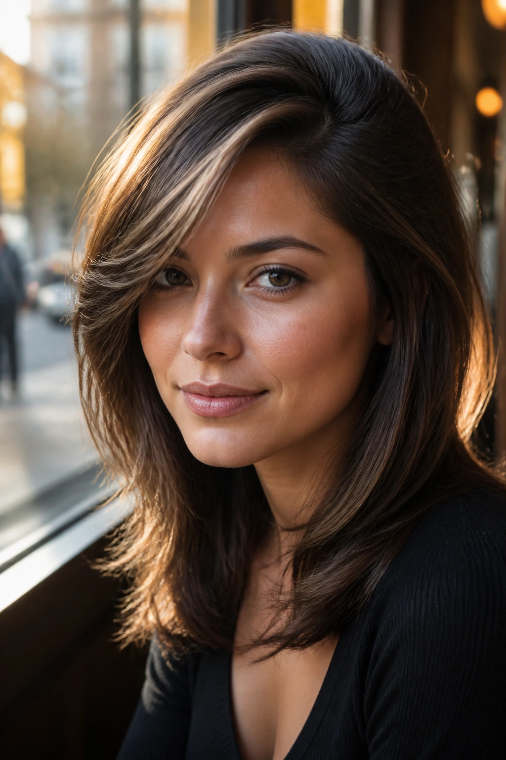 Close-up portrait of a woman with a deep side part and swept fringe in soft cafe light