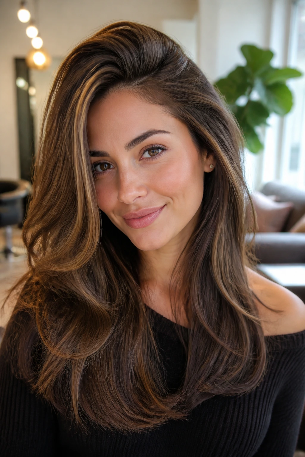 Close-up of a woman with a deep side-part and voluminous blowout in warm light