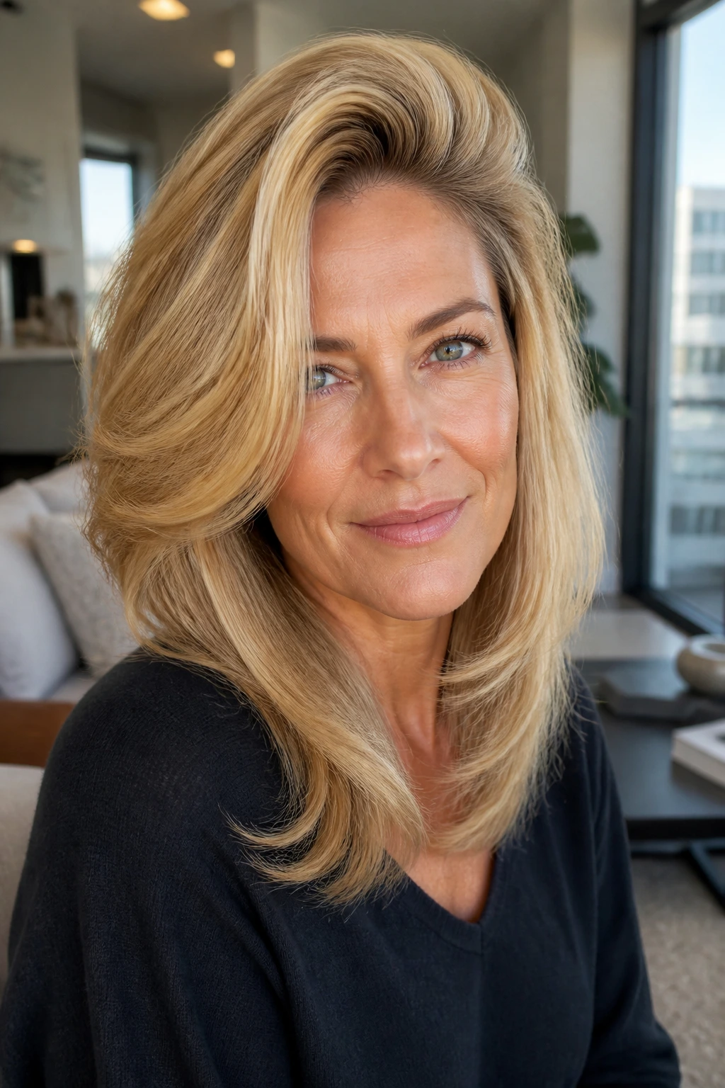 Close-up of a real woman with a deep side-part blowout and voluminous crown