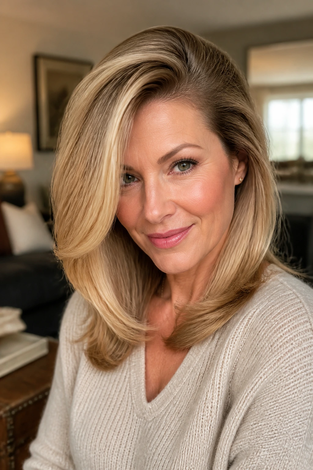 Real woman with deep side-part blowout showing volume