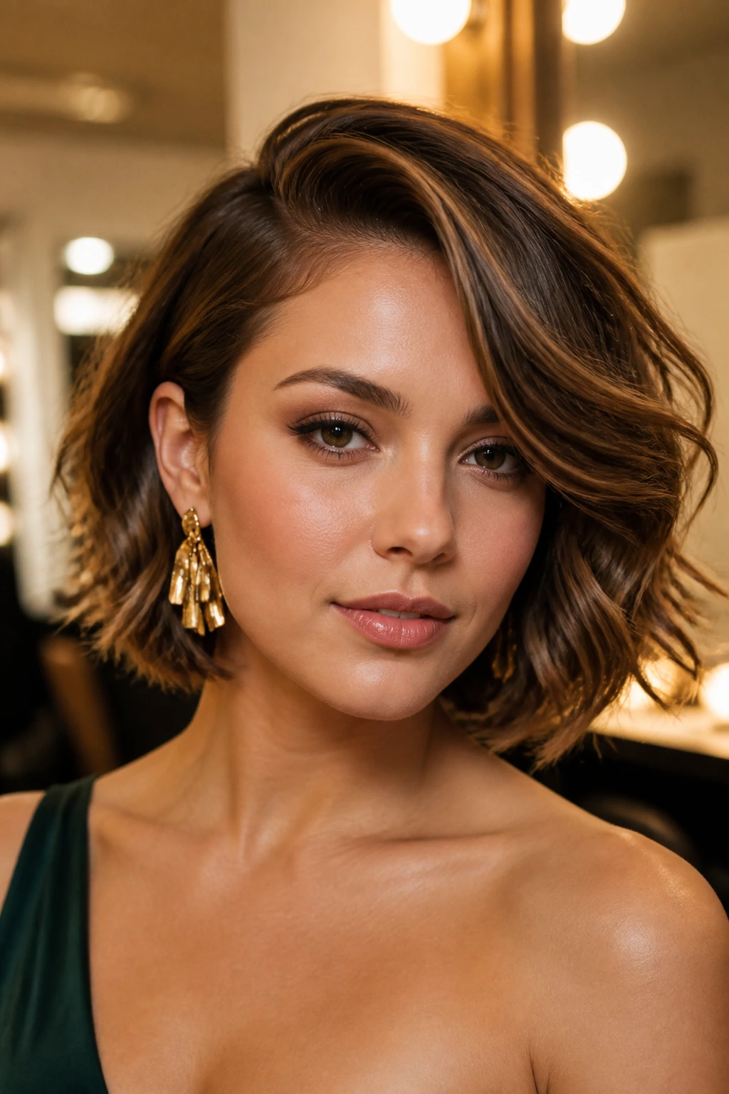 Close-up of a real woman with a deep side-part sweep bob.