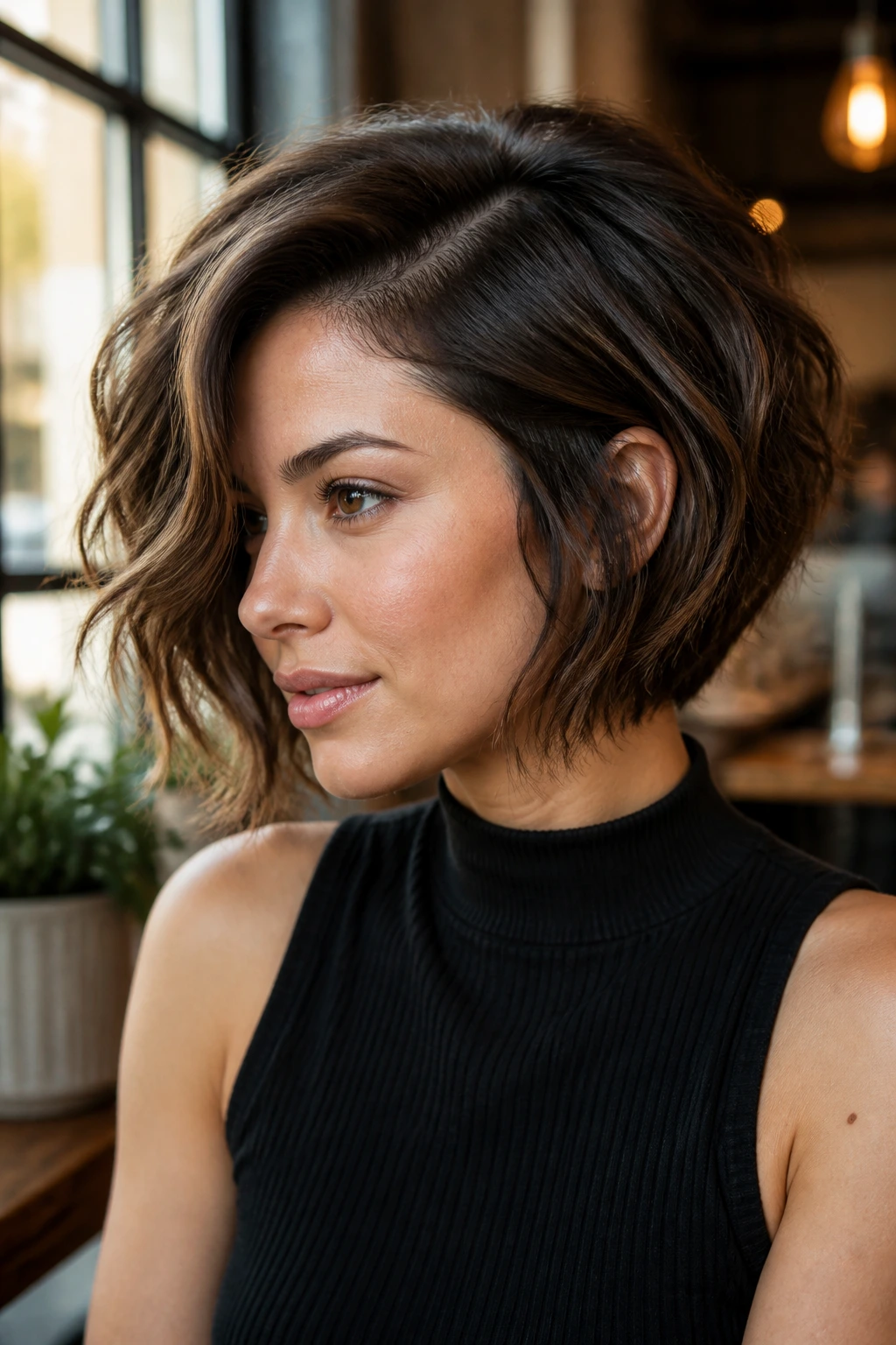 Close-up of a woman with a deep side-part stacked bob, dramatic yet soft lighting