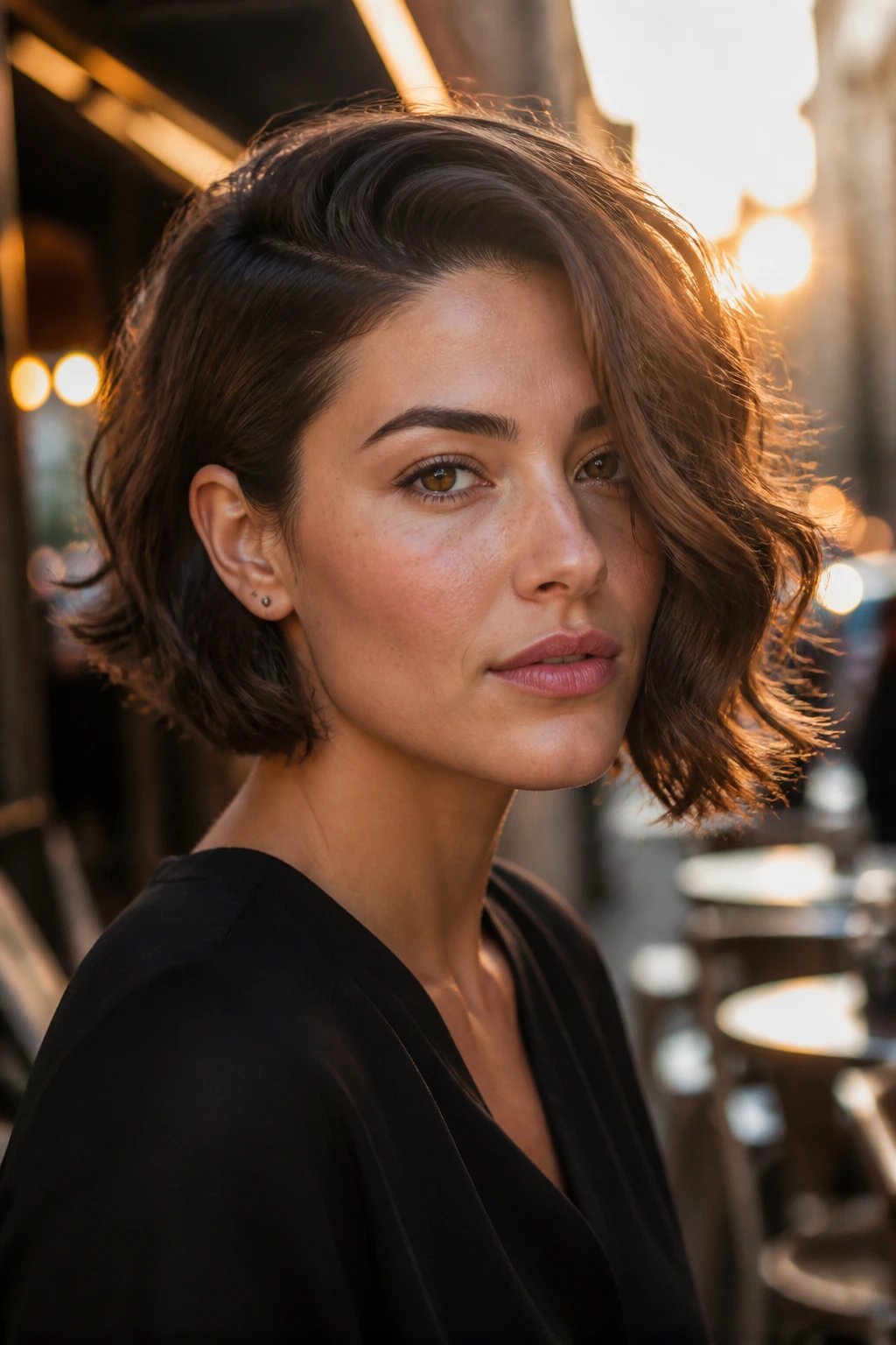 Real woman with deep side-part asymmetrical bob in a cafe setting