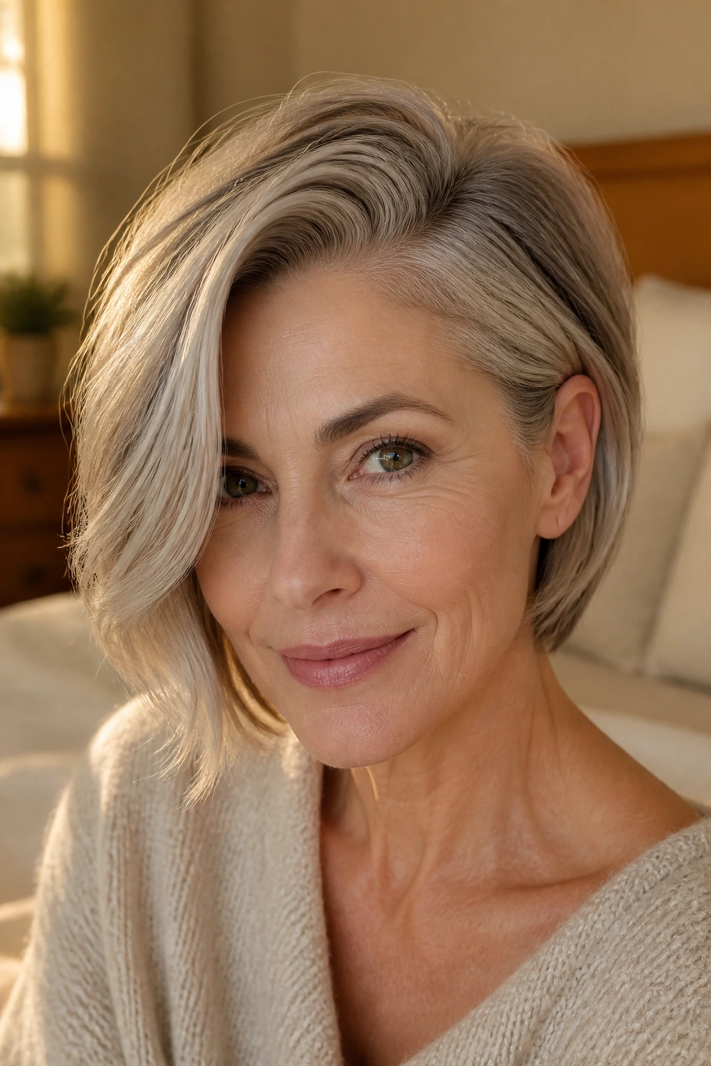 Real woman with deep side-part bob highlighting lift and cheek framing.