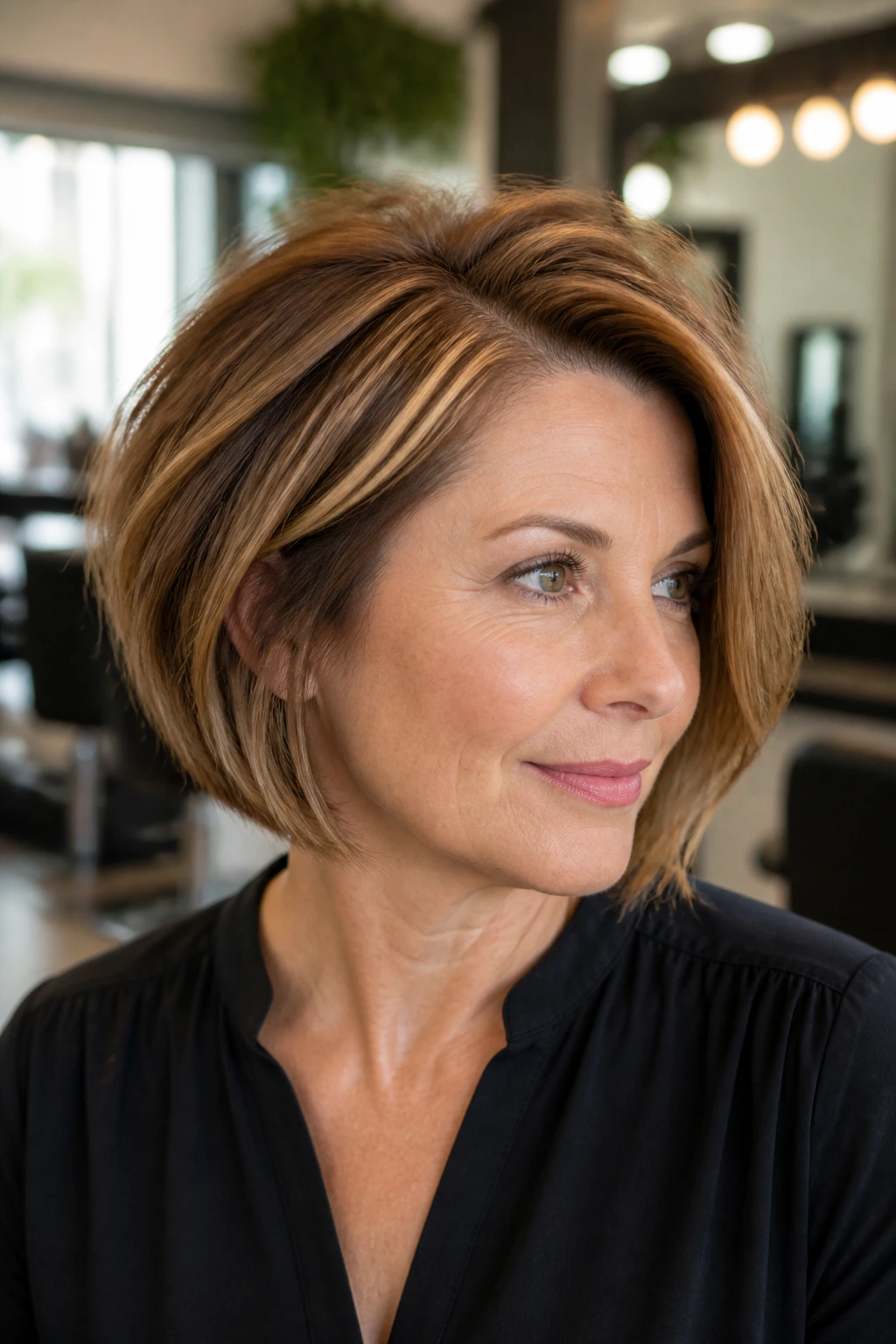 Portrait of a woman with a deep side-part bob and lifted roots with caramel highlights