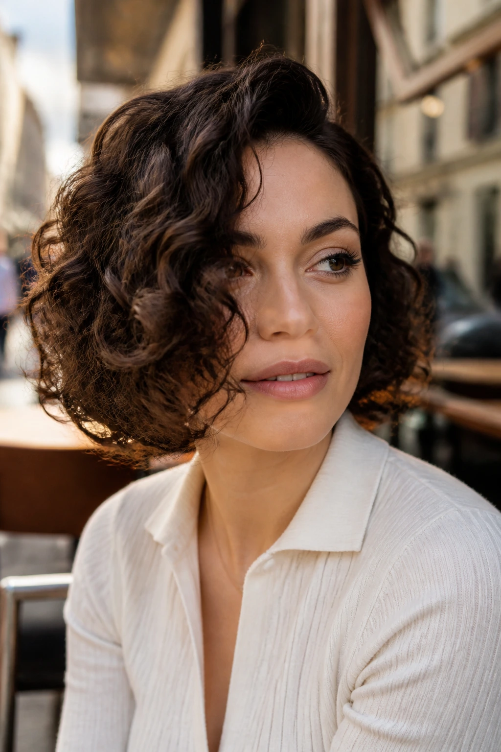 Portrait of a real woman with a deep side-part bob covering cheekbones