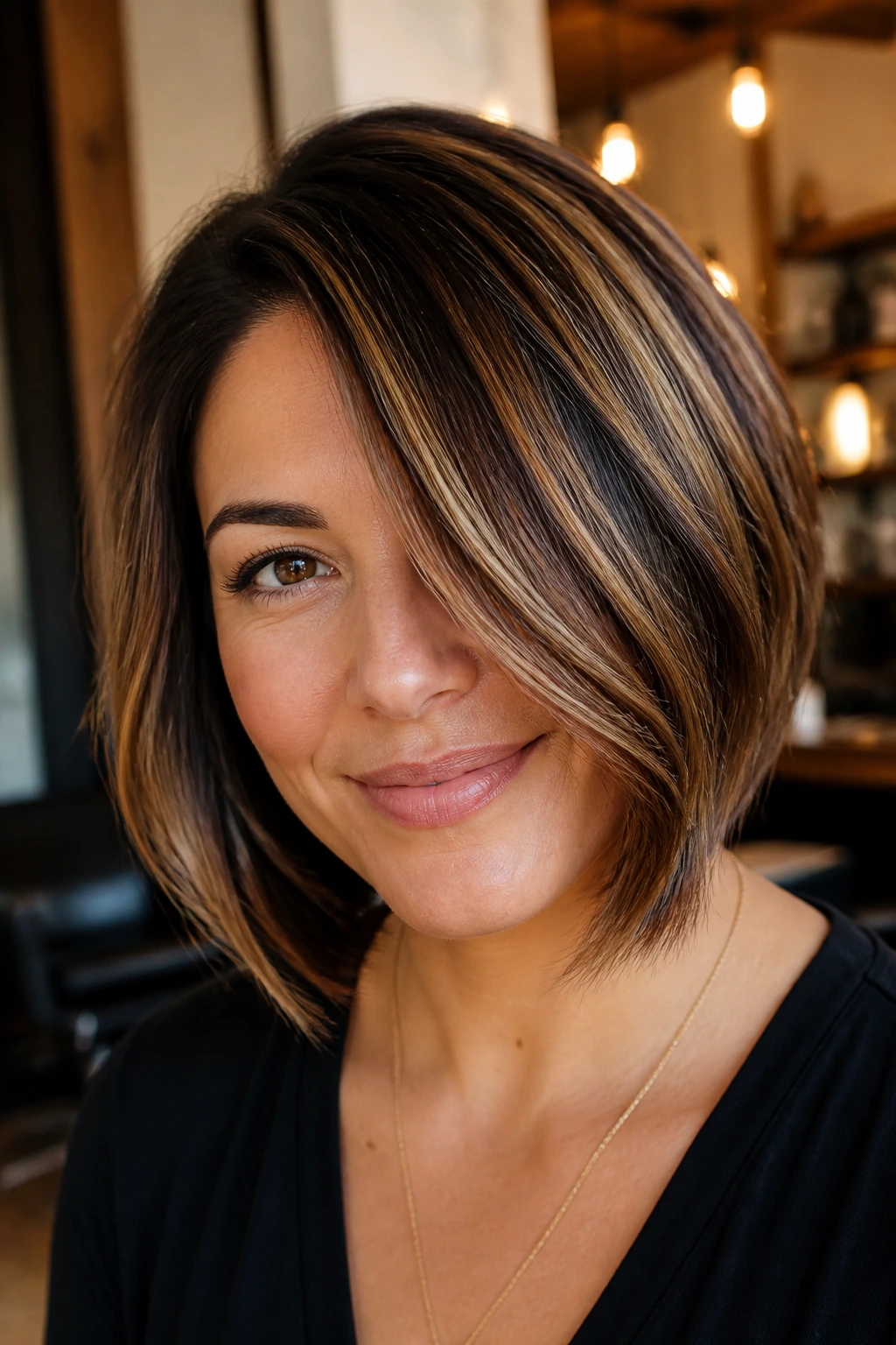 Close-up portrait of a real woman with a deep side-part and cinnamon ribbon lights in a thick bob