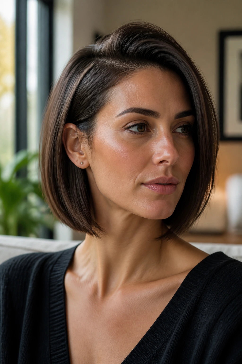 Real woman wearing a deep side-part bob with crown lift in warm window light
