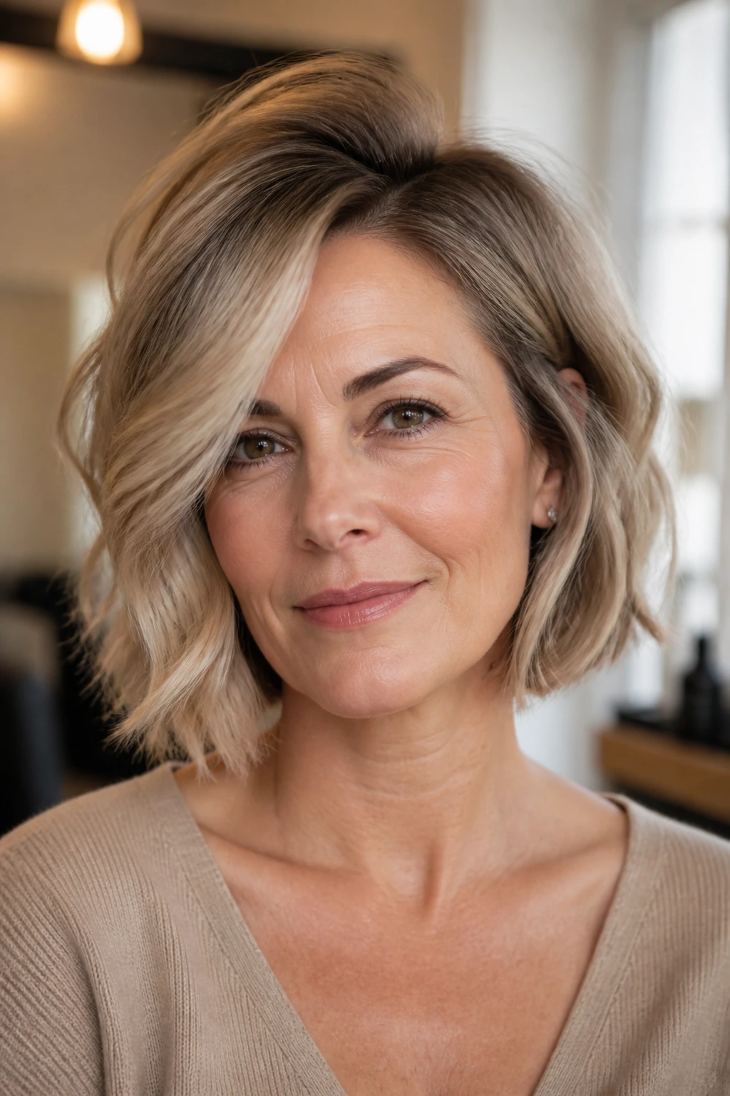 Close-up portrait of a real woman with a deep side part and crown lift on a wavy bob