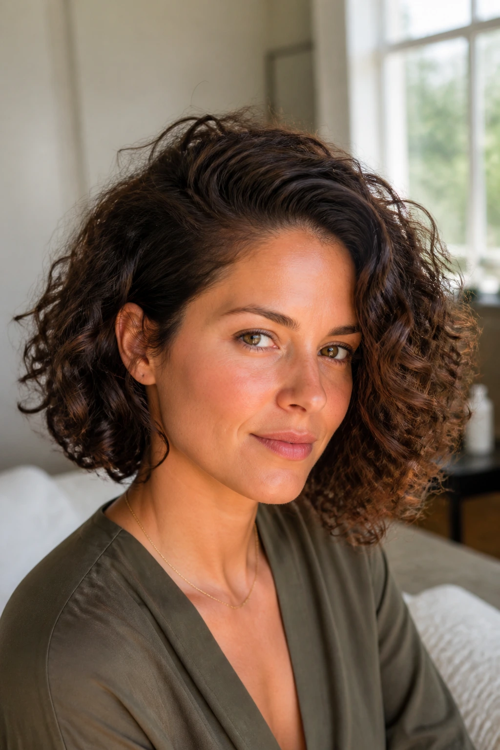 Portrait of woman with deep side-part bob and crown lift.