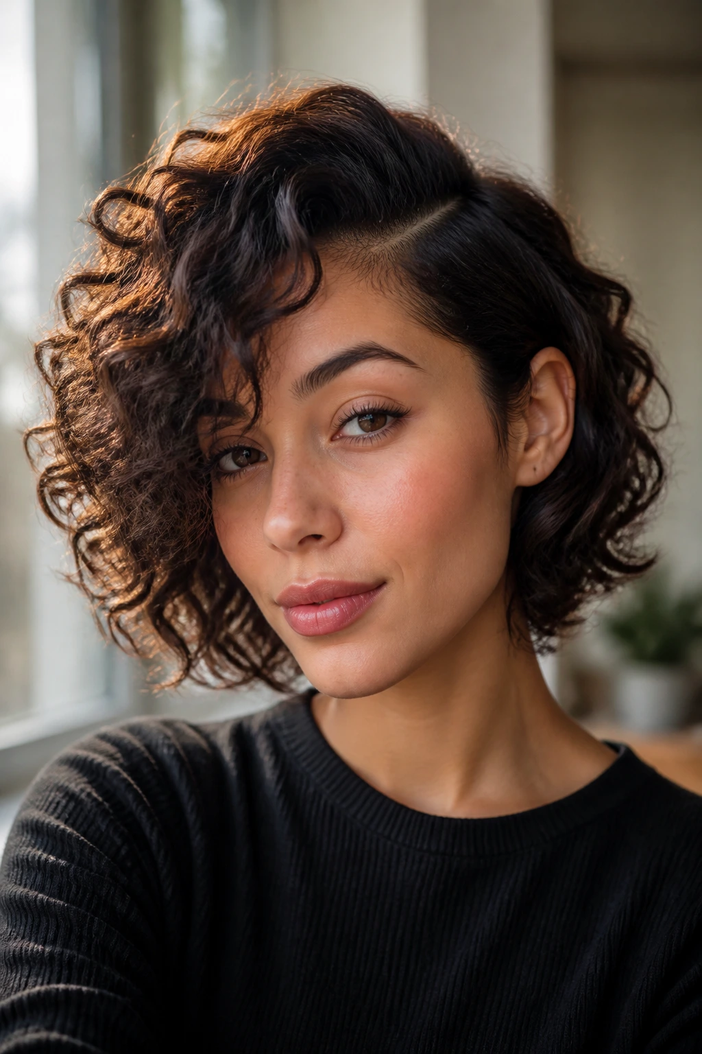Close-up of a real woman with a deep side part in short curly bob hairstyle