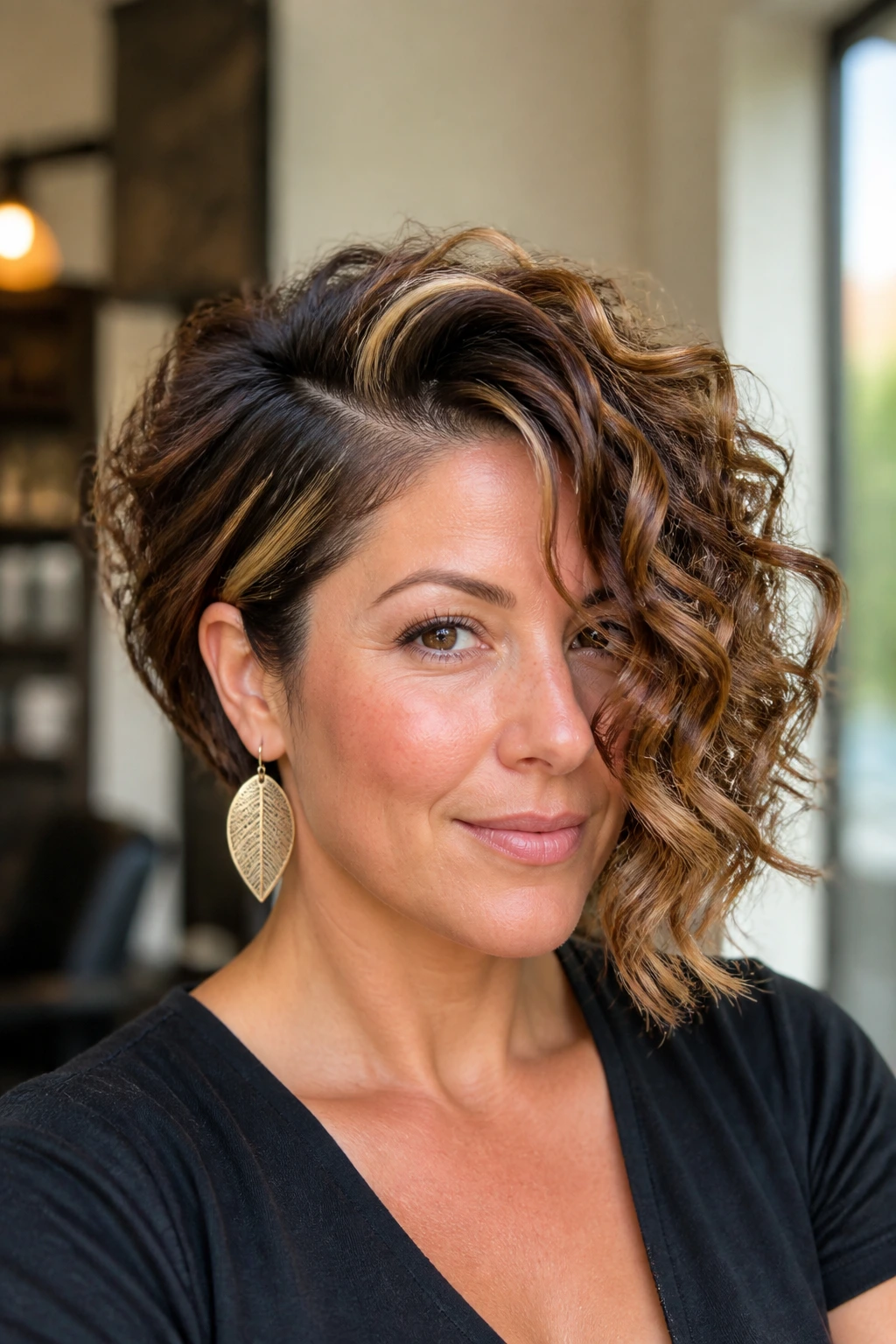 Real woman with deep side-part lift bob and babylights in warm salon light