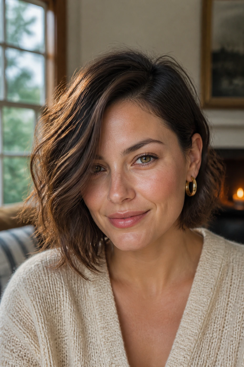 Portrait of a real woman with a deep side-parted bob showing diagonal line across face