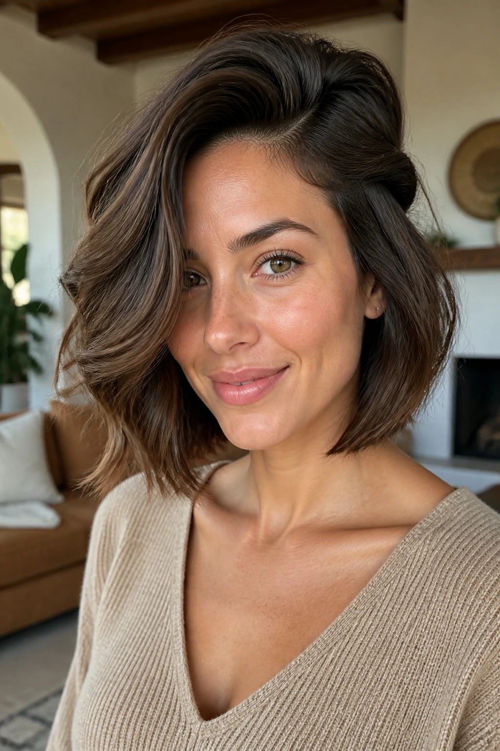 Real woman with deep side-part bob in cozy home setting