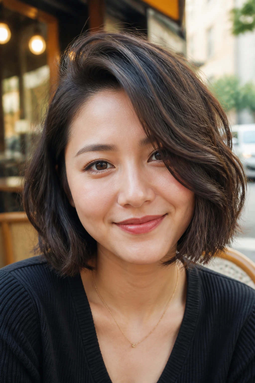 Close-up portrait of a real woman with a deep side-part bob