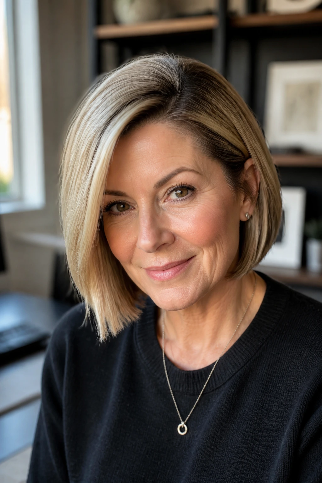 Close-up portrait of a real woman with a deep side part bob showing lift and crown support.