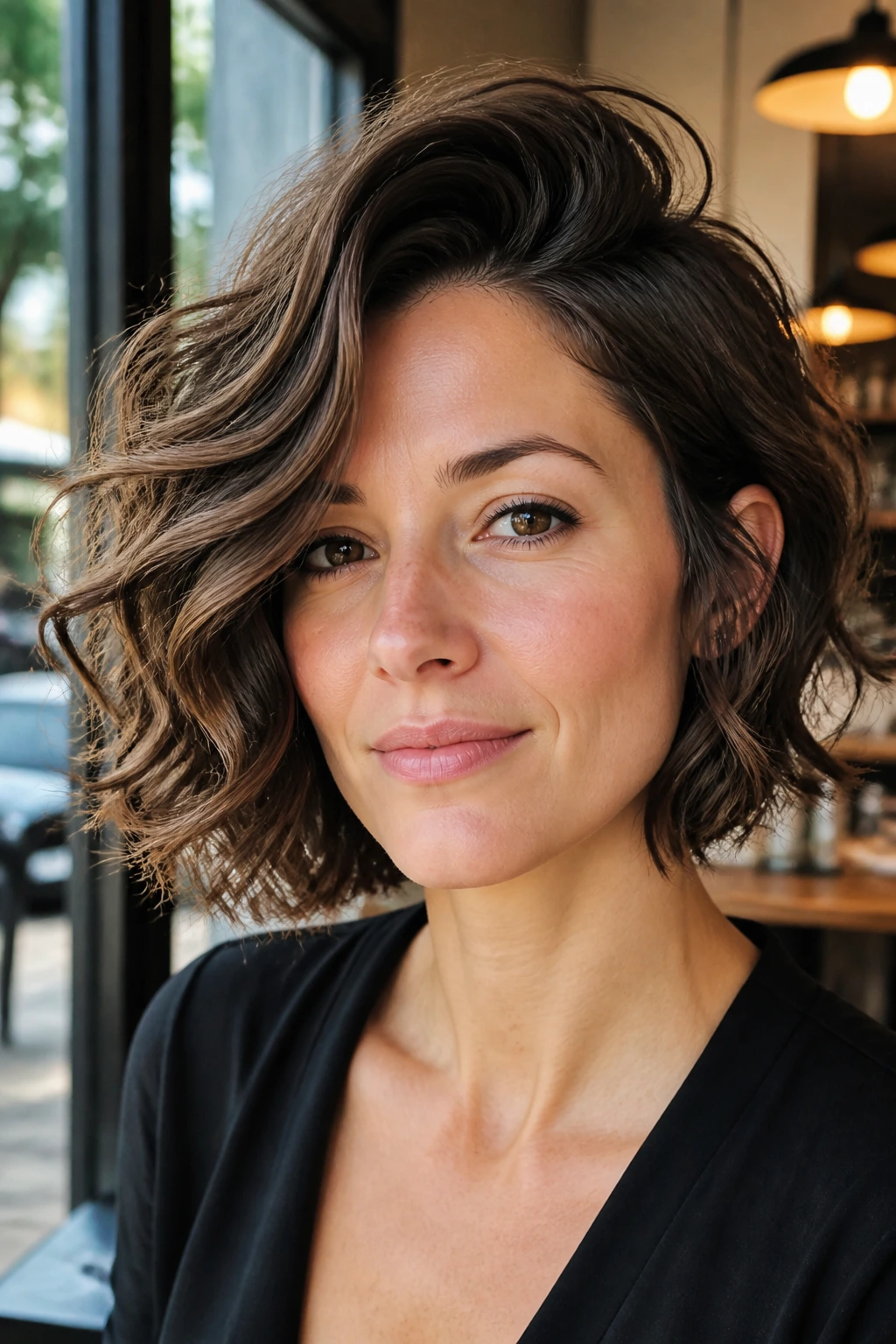 Portrait of a woman with a deep side-part and lifted crown in a chin-length bob.