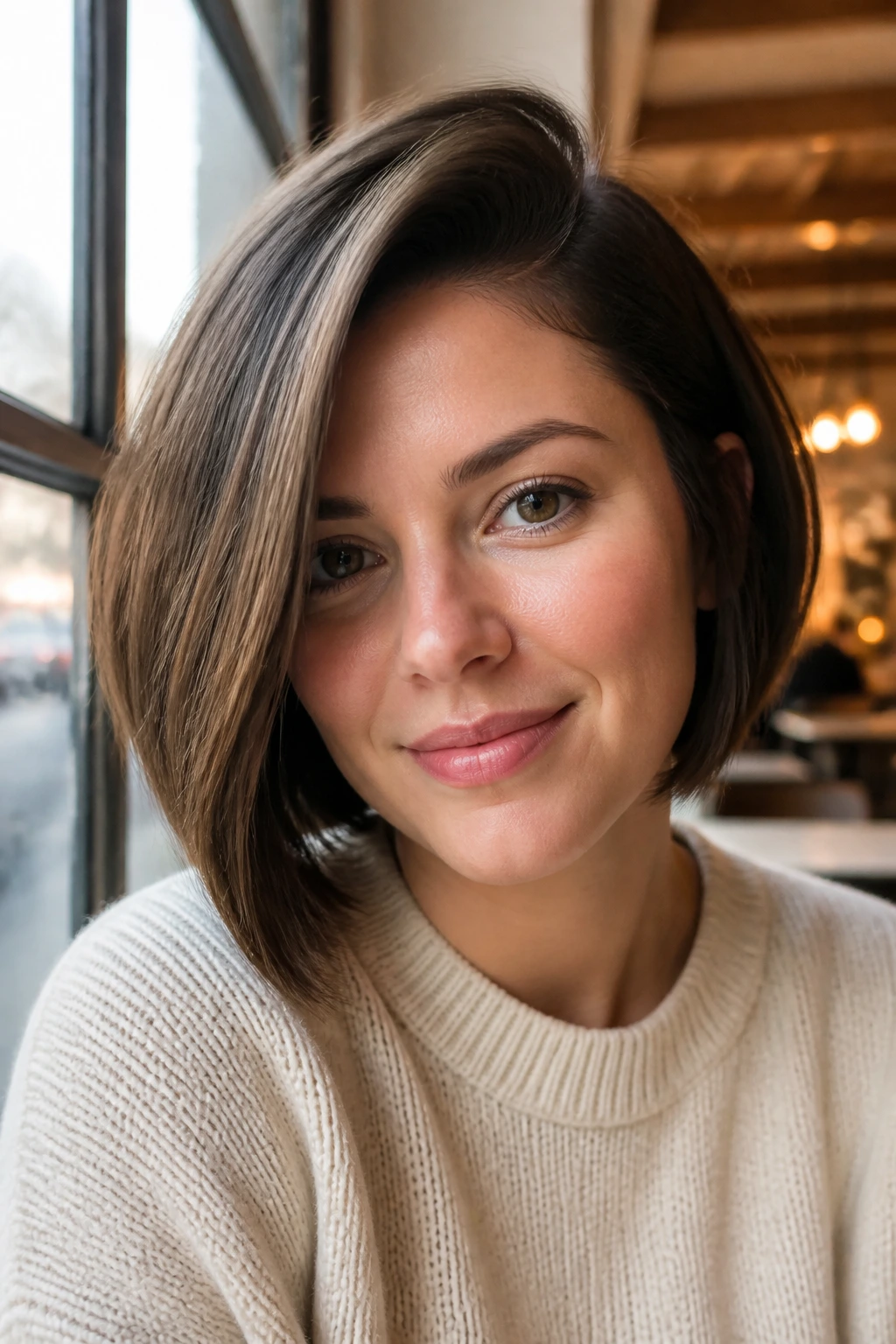Portrait of a woman with a deep side-parted bob.