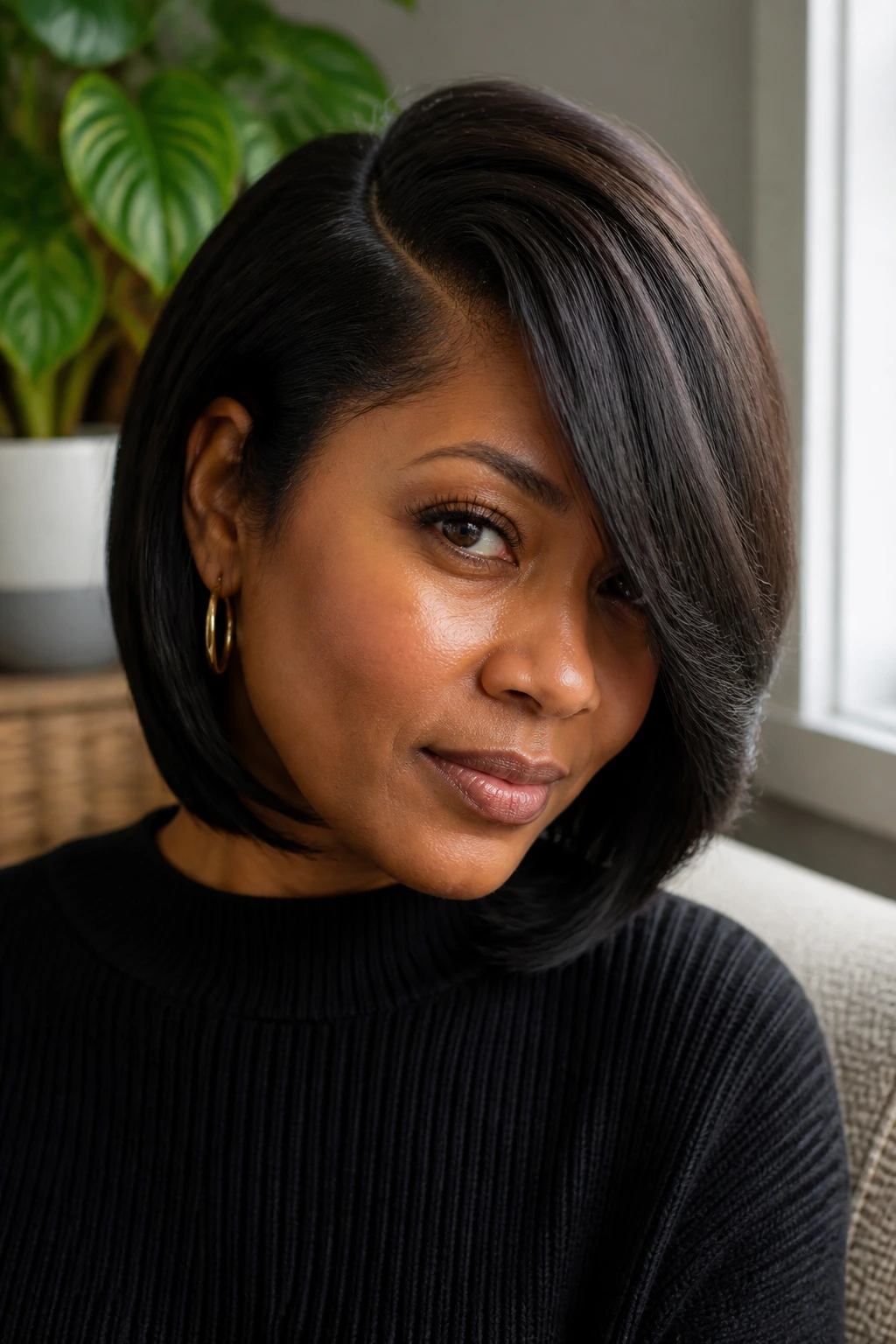 Real woman with deep side-part bob, front sweep framing face.