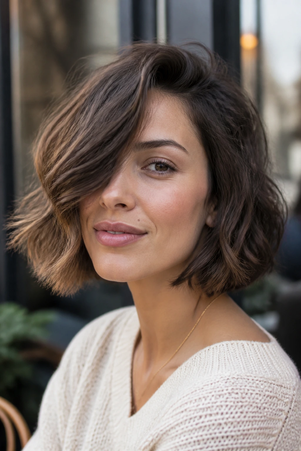Portrait of a real person with a deep side-part bob and side-swept waves