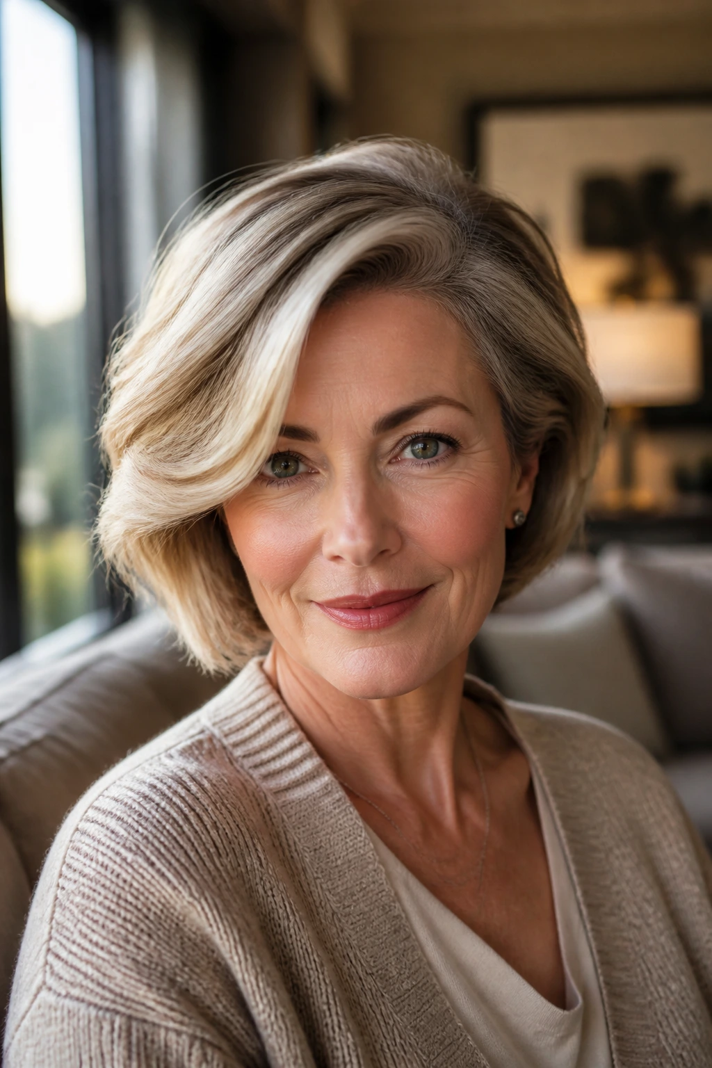Close-up portrait of a real woman with a deep side-part bob in warm window light.