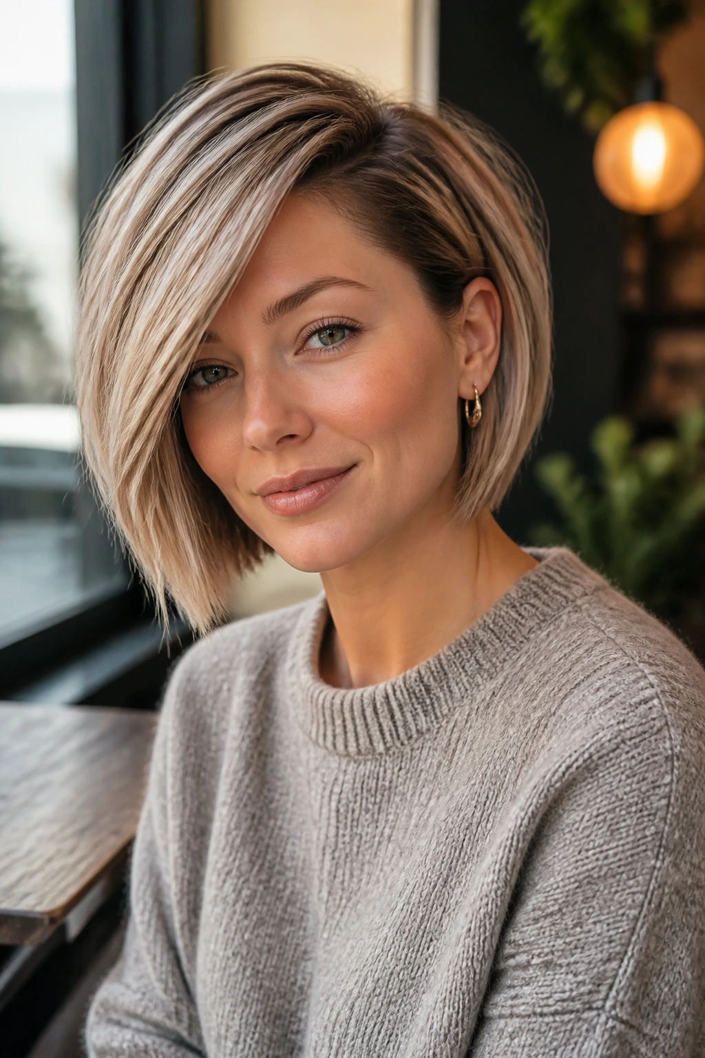 Close-up of real woman with deep side-part bob in a cafe setting