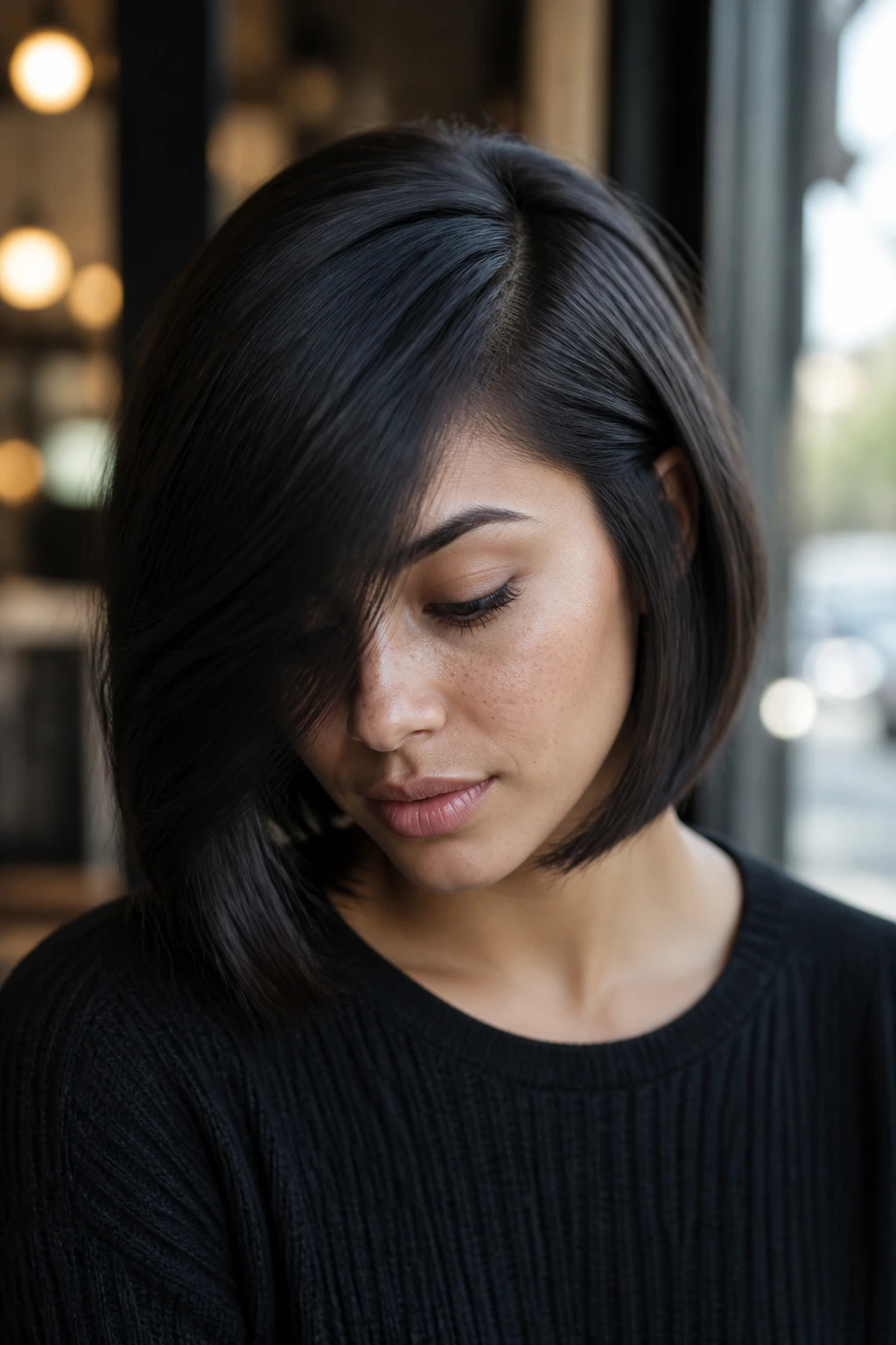 Close-up of a woman with a deep side part and long front sweep in a bob