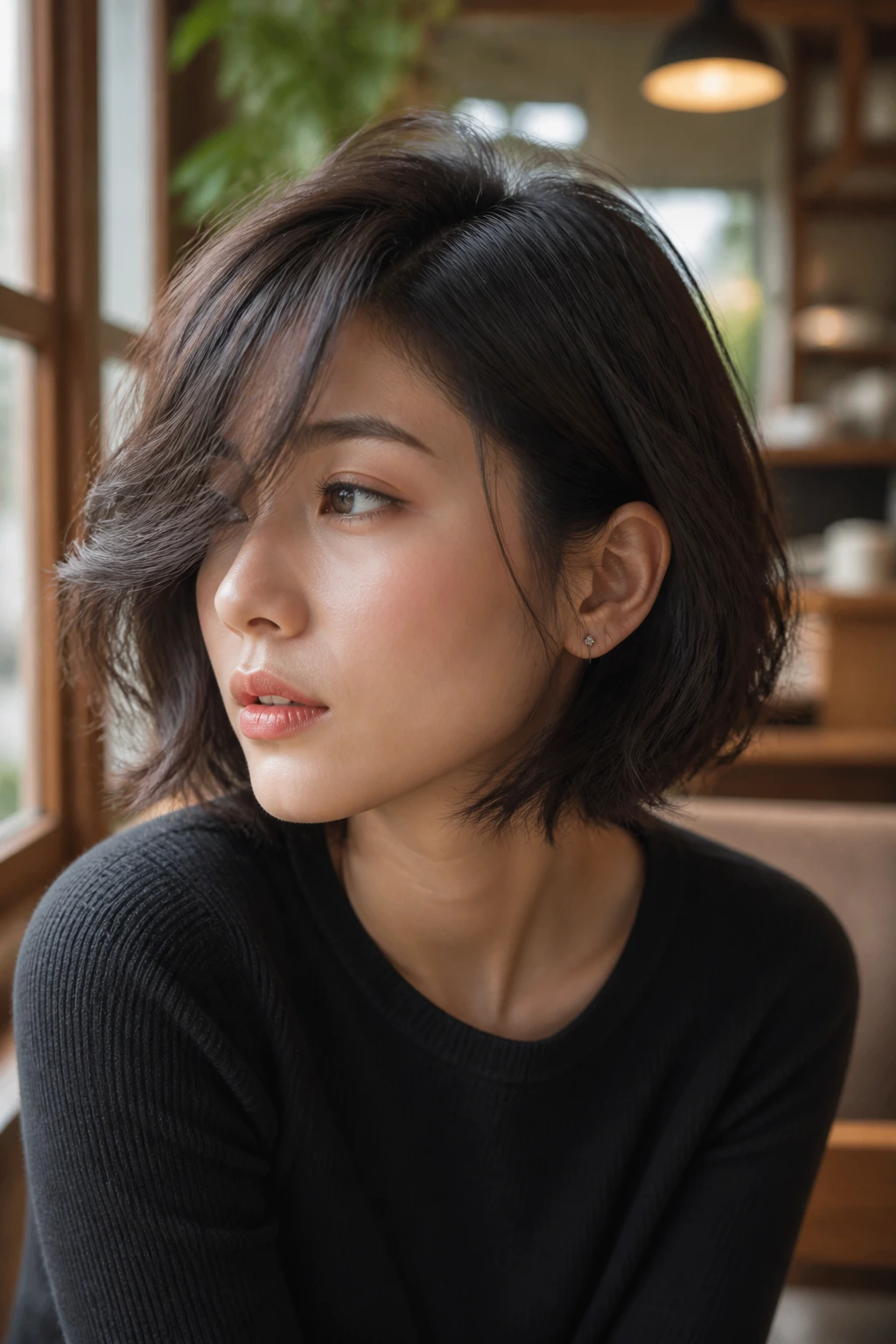 Close-up of a real woman with a deep side-part bob and side-swept bangs in a warm cafe setting