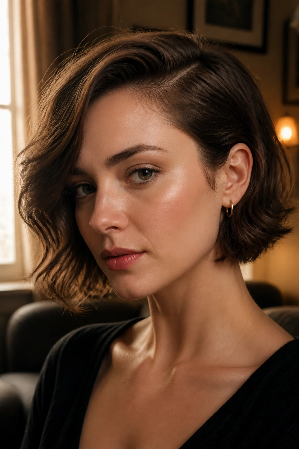 Close-up portrait of a real woman with a deep side-part bob and soft waves