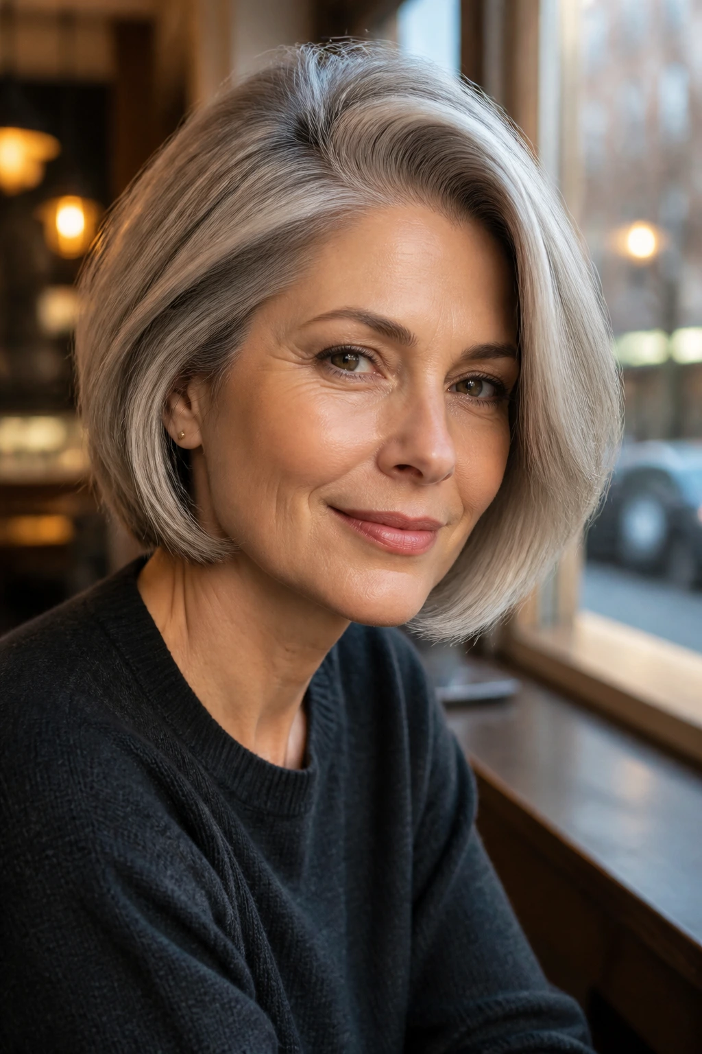 Close-up portrait of a real woman with a deep side-part root-lift bob in a cafe setting.