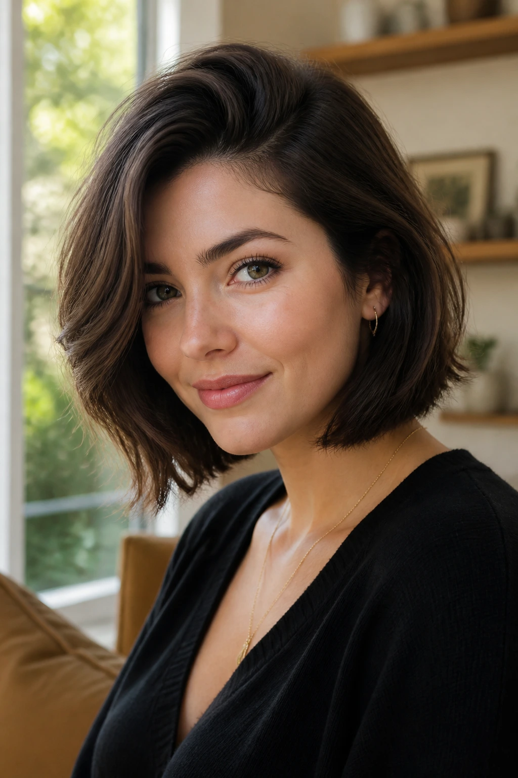 Portrait of a real woman with a deep side part and lifted roots in a chin-length bob, by a sunny window.