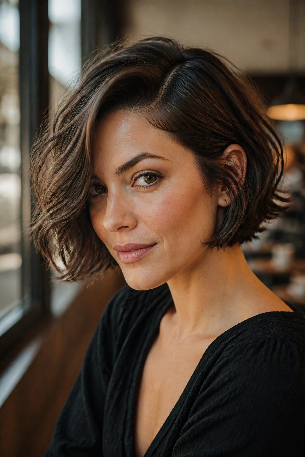 Close-up portrait of a real woman with a deep side-part short bob in soft daylight.