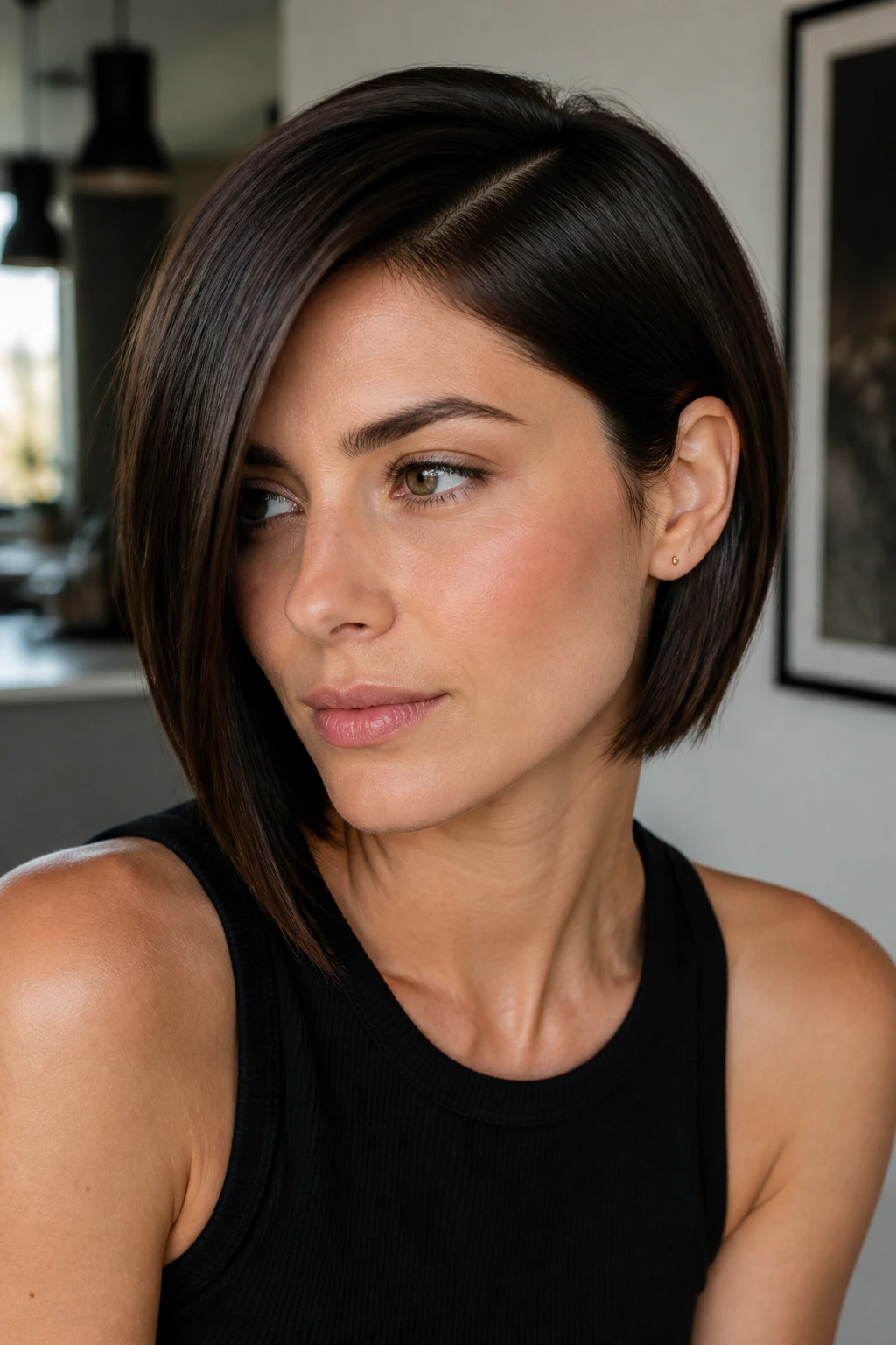 Close-up of a woman with a deep side-part sleek bob.