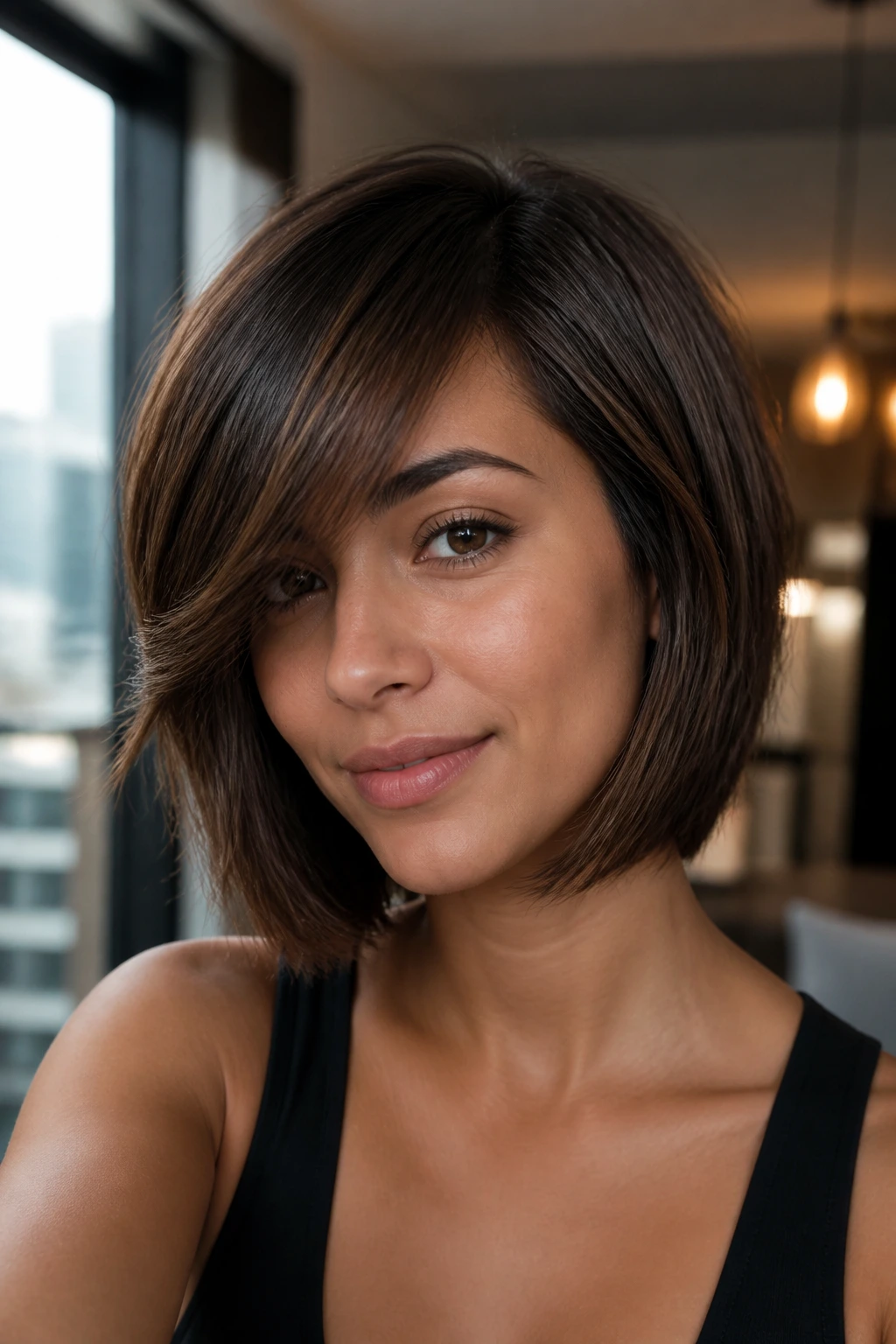Portrait of a real person with a deep side-part bob and sweeping fringe