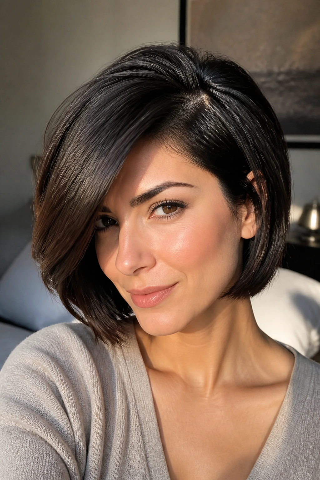 Close-up of a real woman with a deep side part and lifted crown in warm light