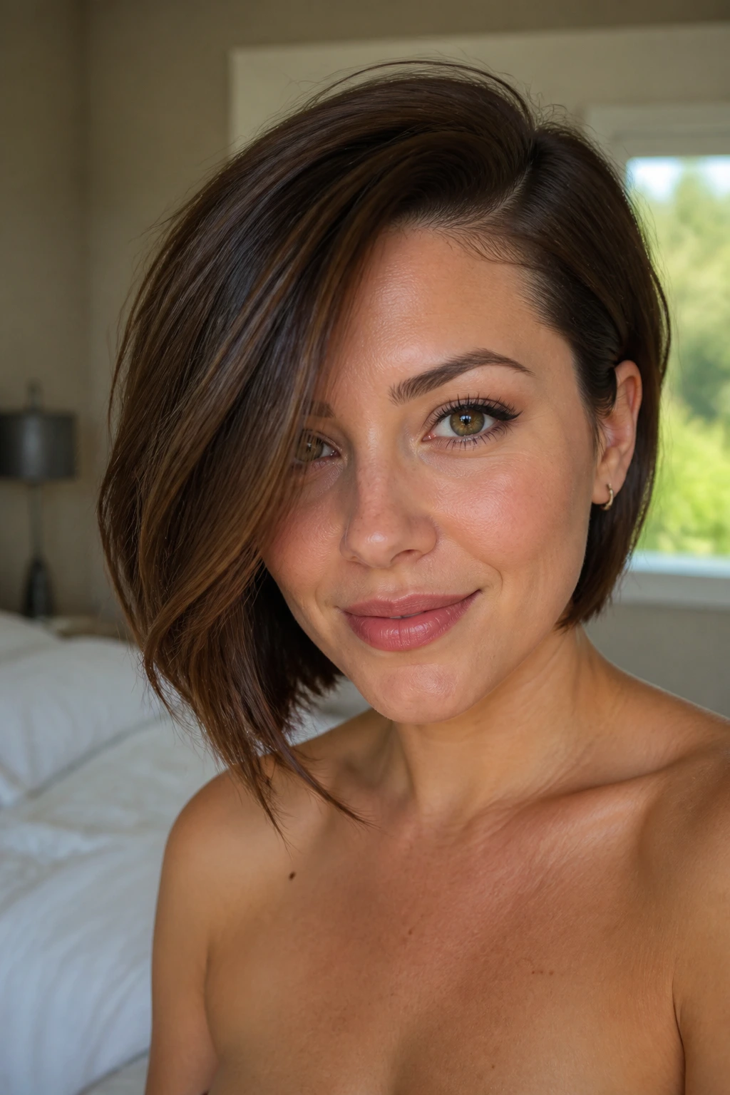 Close-up of a real woman with a deep side-part bob and face-skimming sweep in warm bedroom light