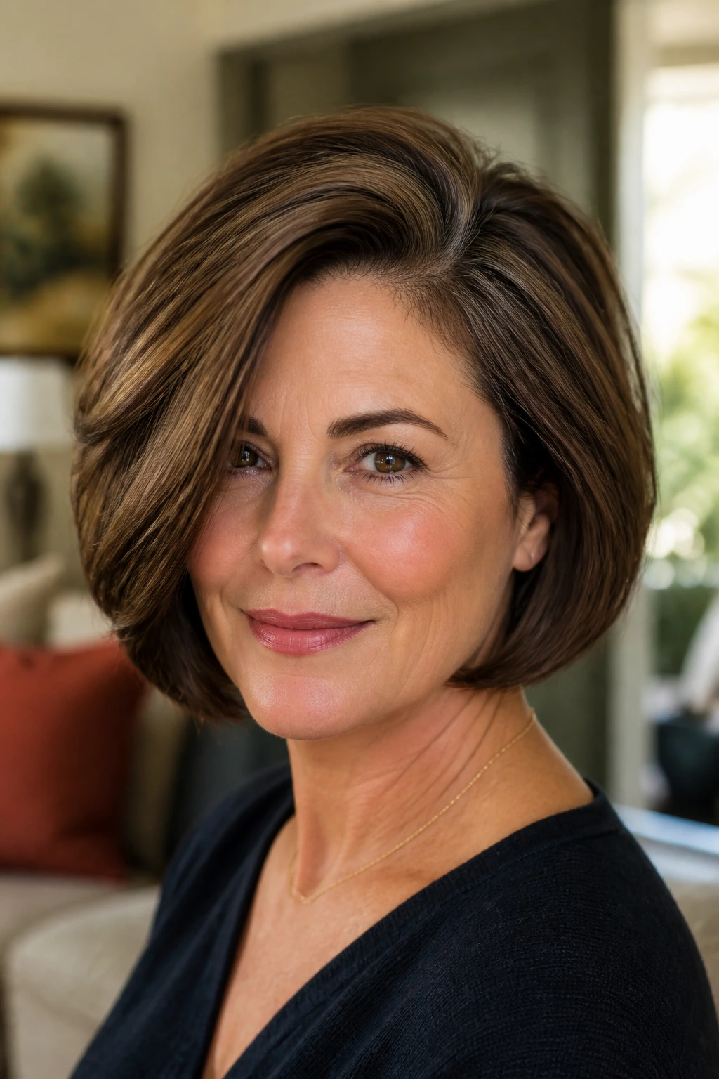 Portrait of a real woman with a deep side-part bob showing lift and face-framing pieces