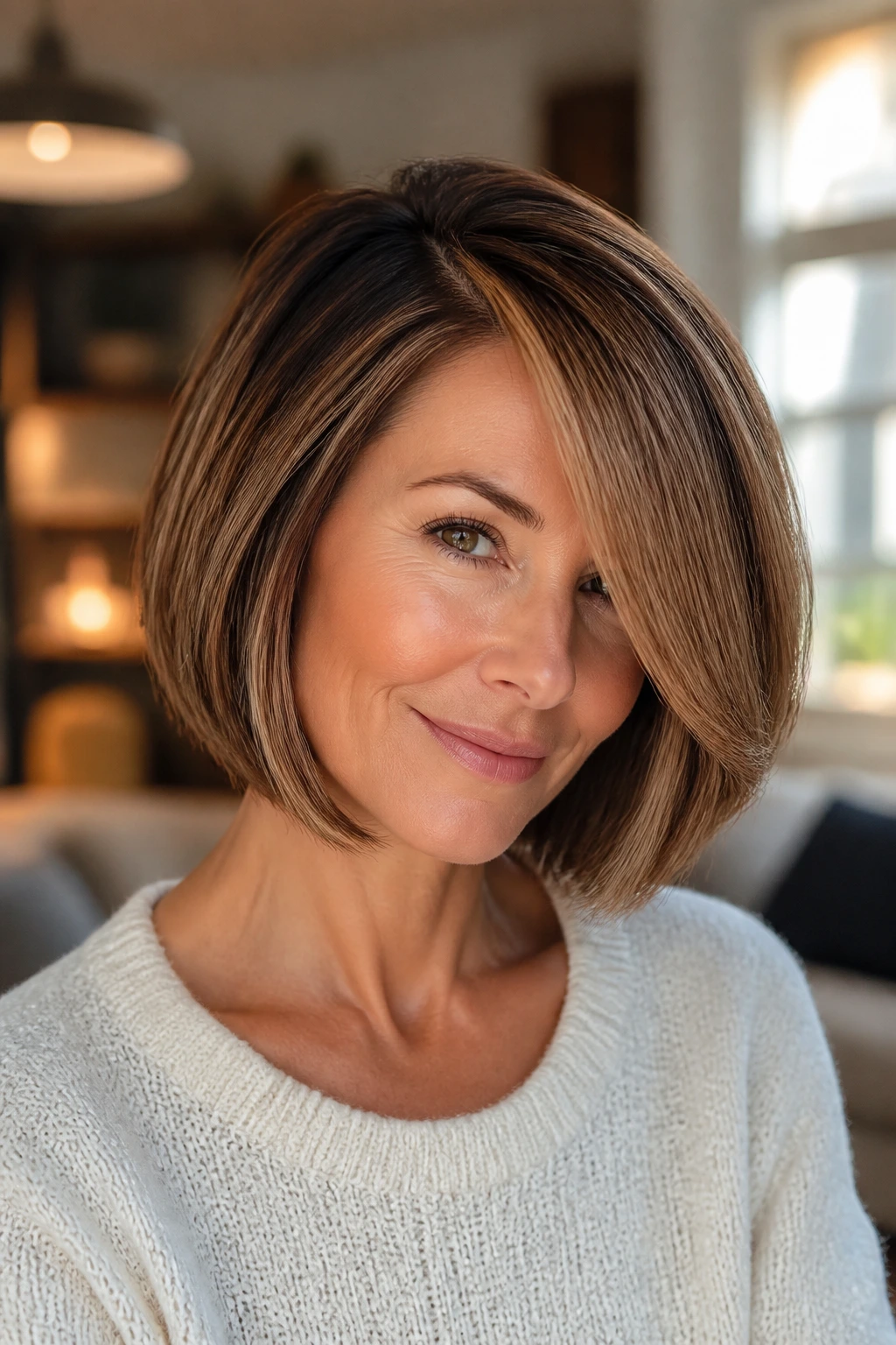 Close-up of a real woman with a deep side-part bob and toffee babylights in warm light