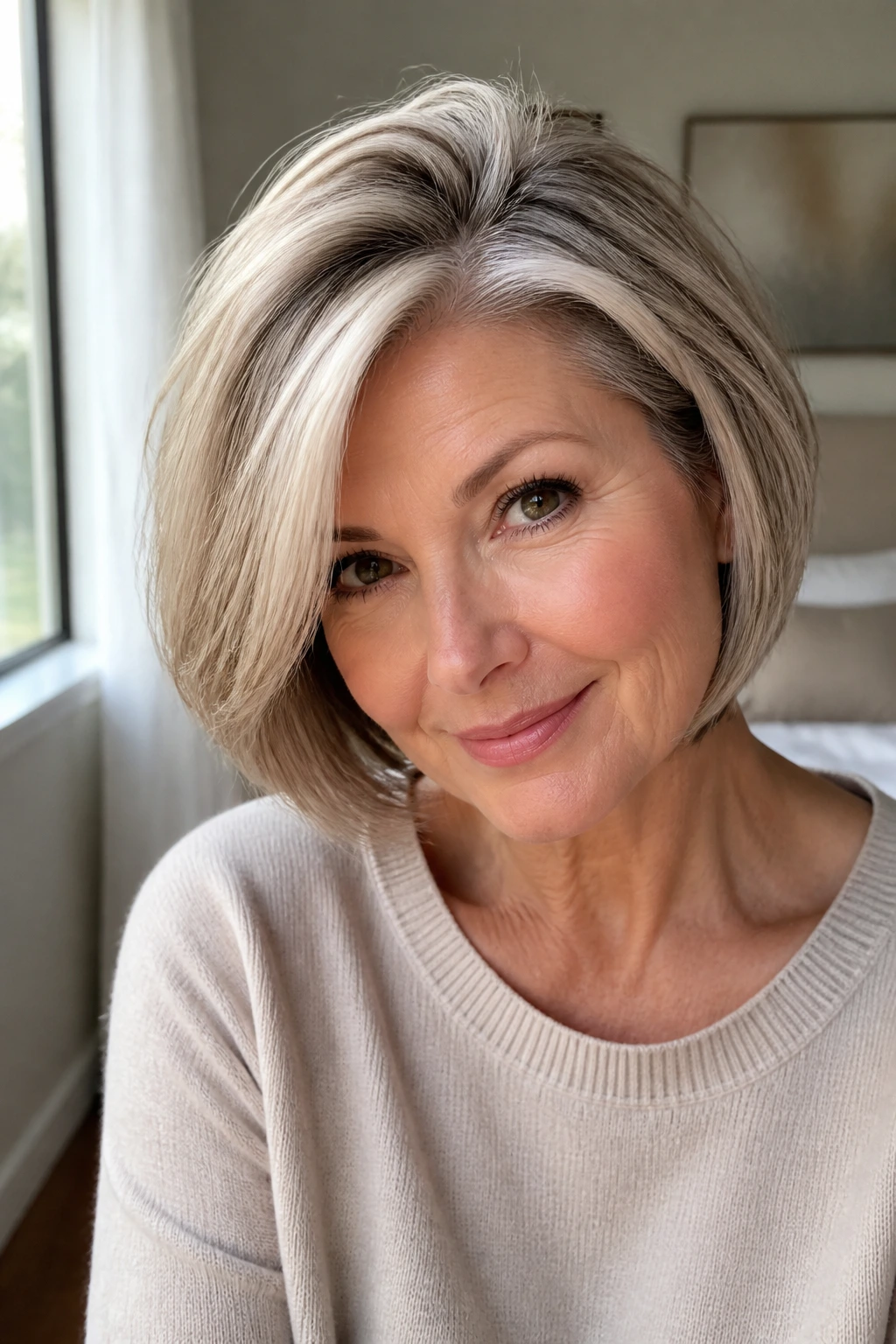 Close-up of a real woman with a deep side-part bob and soft volume
