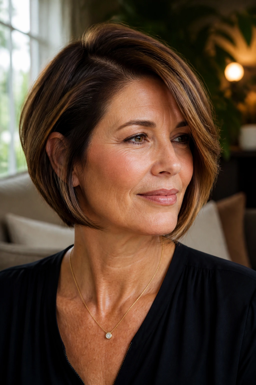 Portrait of a real woman with a deep side-parted bob and volume at the crown.