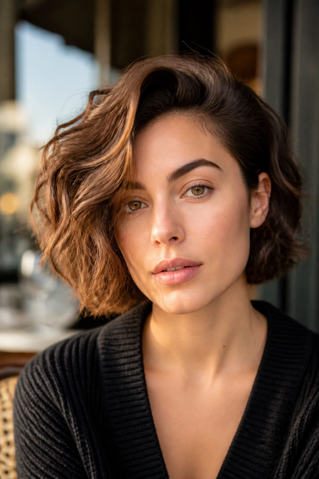Portrait of a woman with a deep side-part bob and diagonal volume