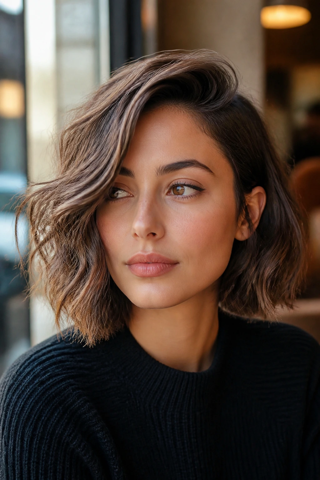 Close-up of a real woman with a deep side-part bob in a warm cafe setting