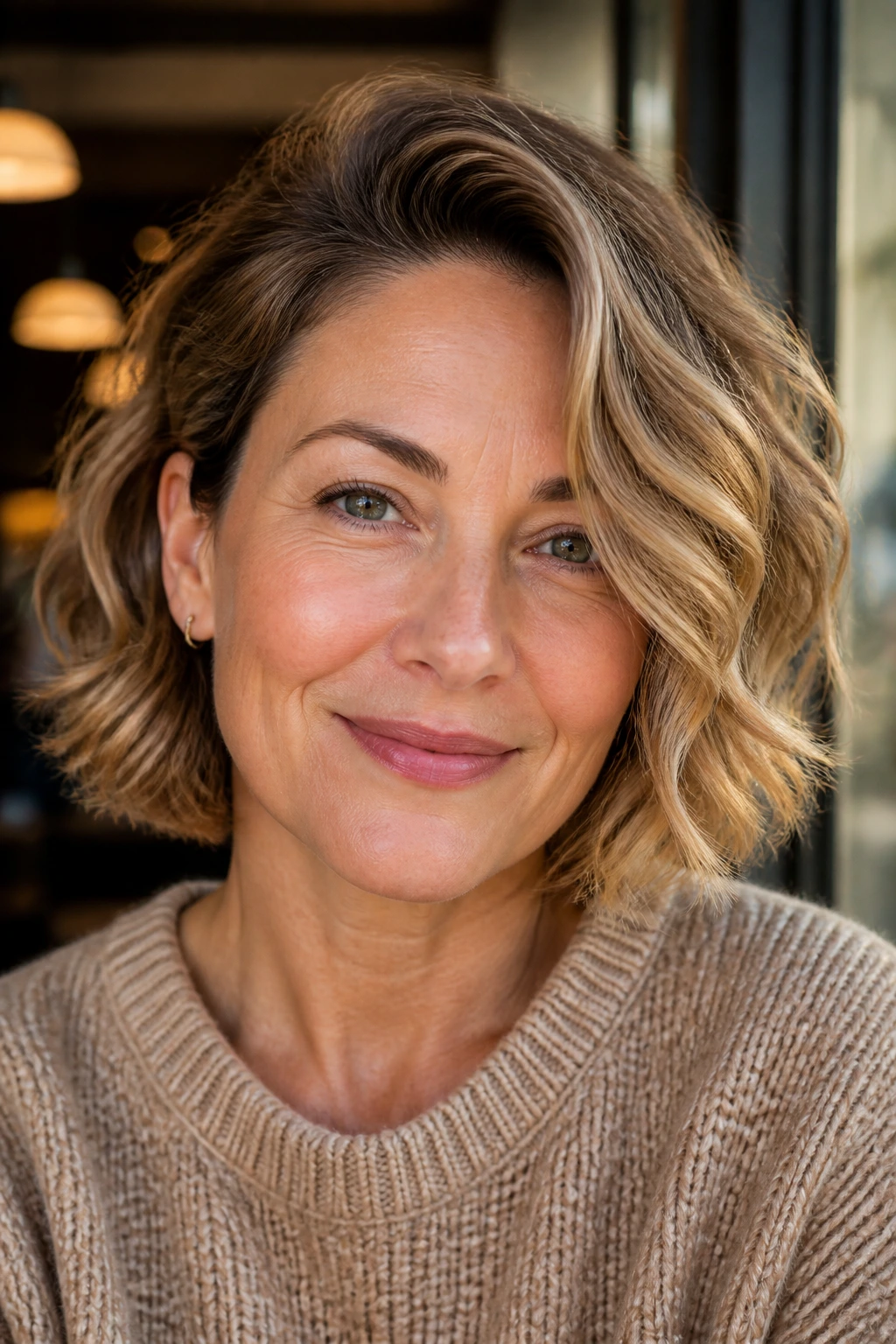 Close-up portrait of a real woman with a deep side-part and defined waves in cafe light.