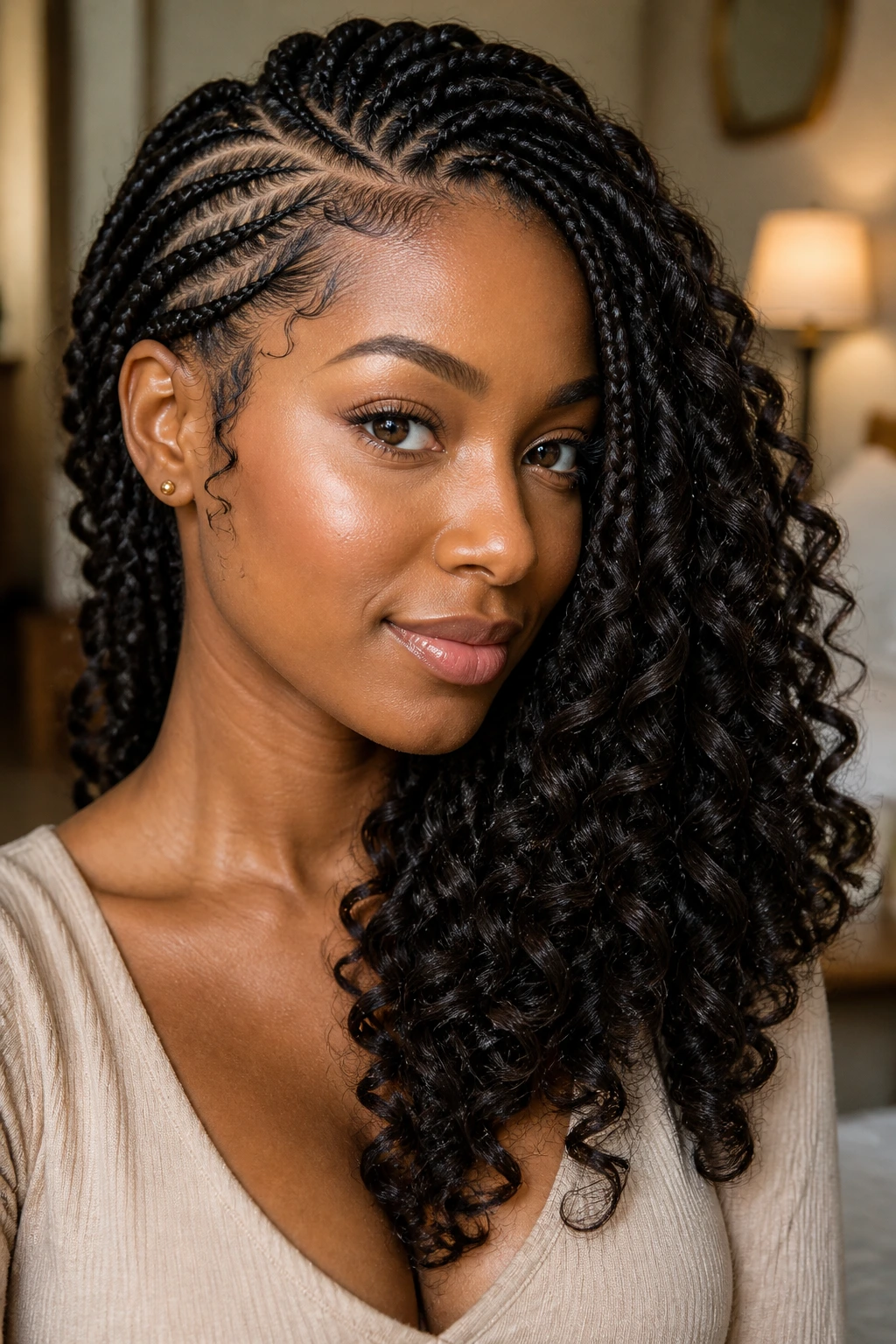 Close-up portrait of a woman with a deep side-part and swept curl fall on half braids.