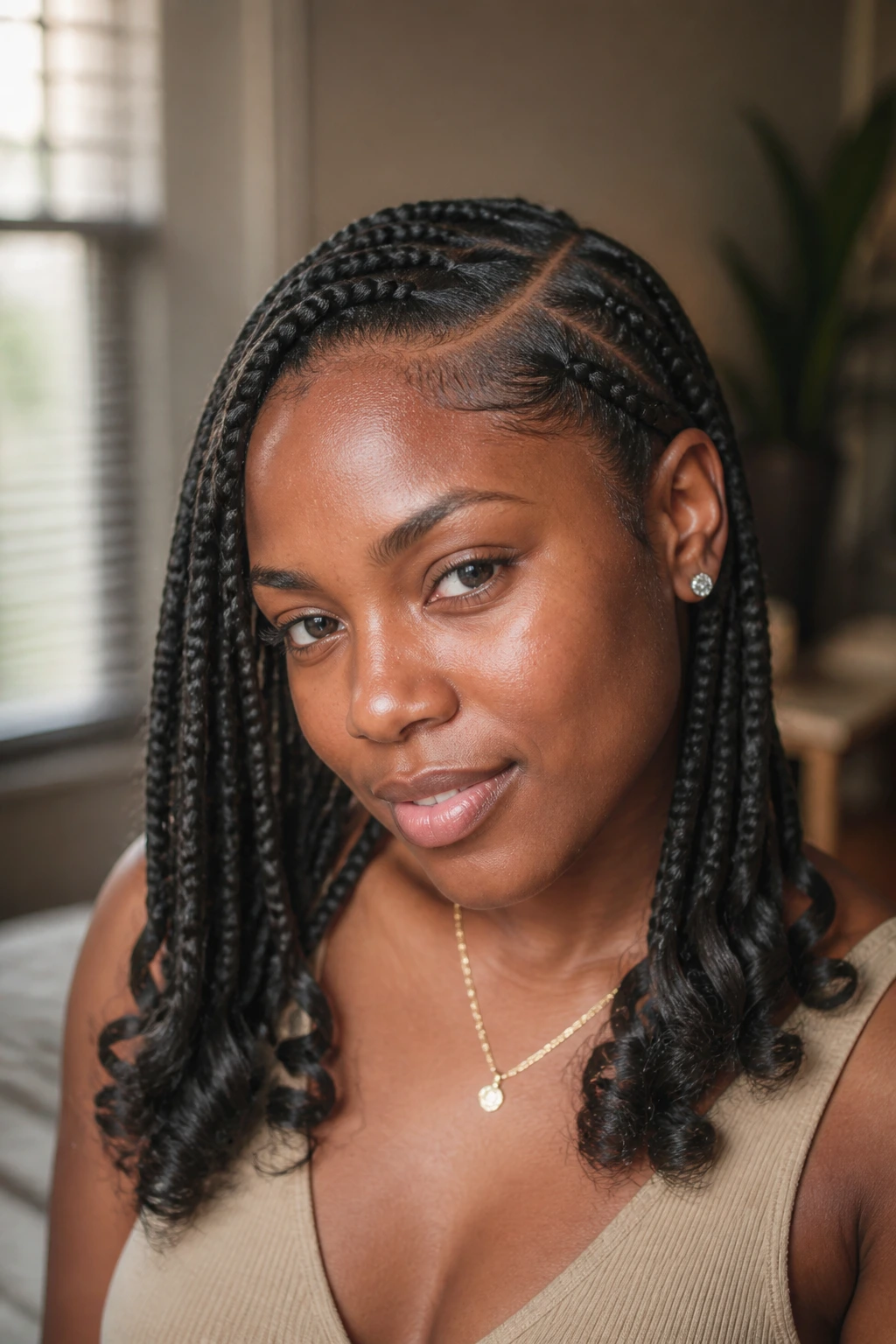 Real person with deep side-part braids and soft curled ends