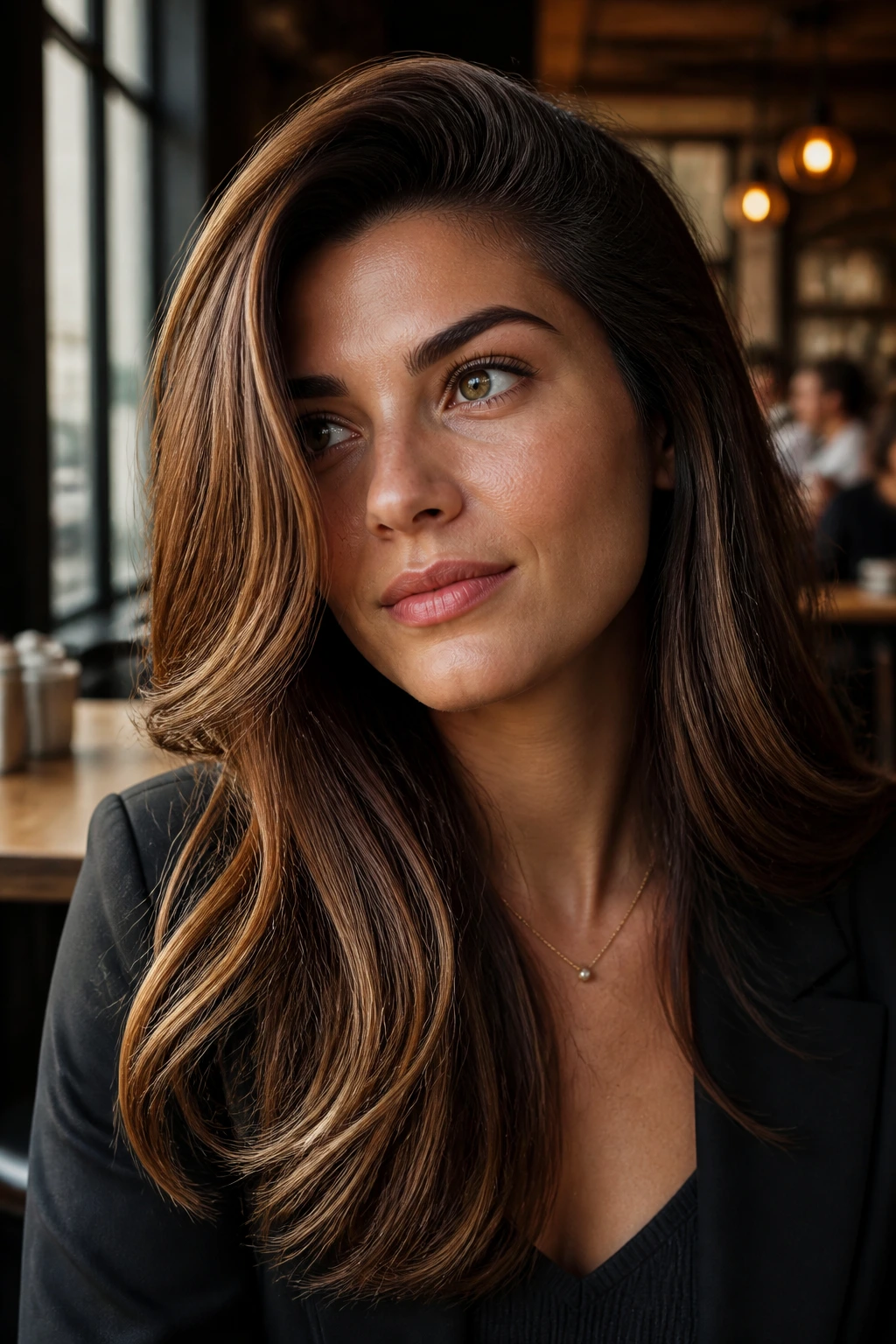 Close-up portrait showing a deep side part with bronzed sweep